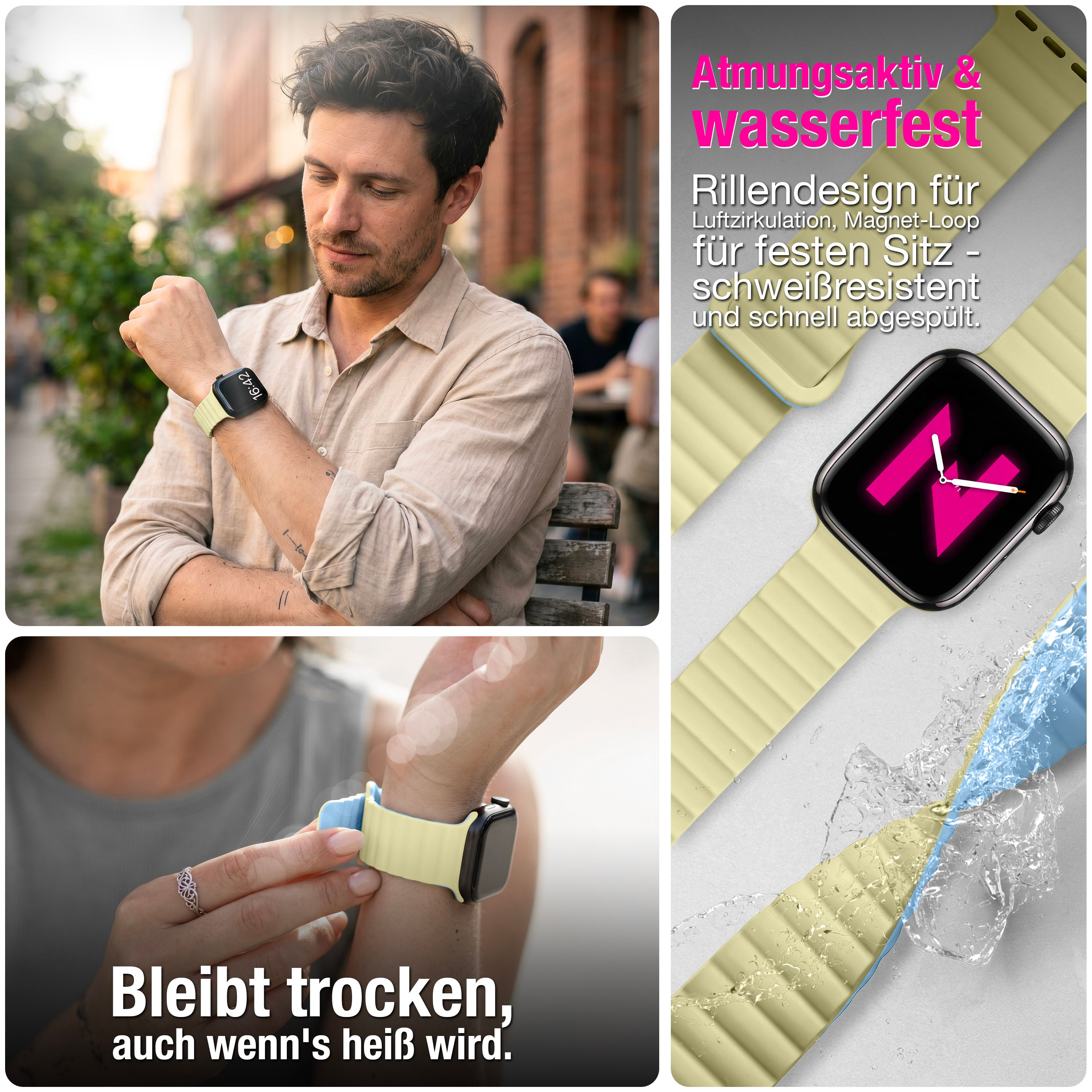 Mann und Frau tragen eine Smartwatch mit gelbem Magnetarmband, beworben als atmungsaktiv und wasserfest.