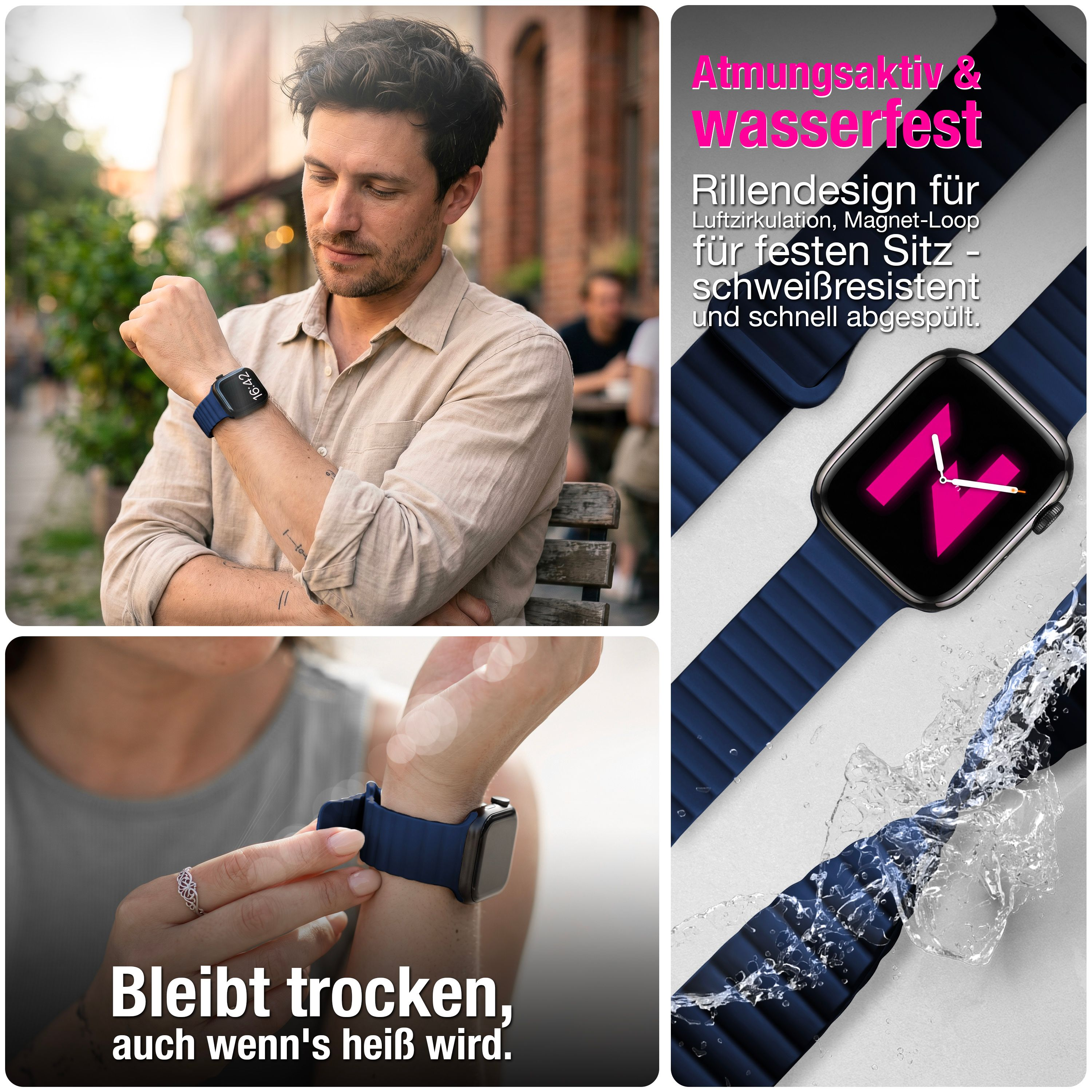 Ein Mann und eine Frau tragen eine blaue Smartwatch mit gerilltem Magnetarmband, begleitet von deutschem Werbetext.