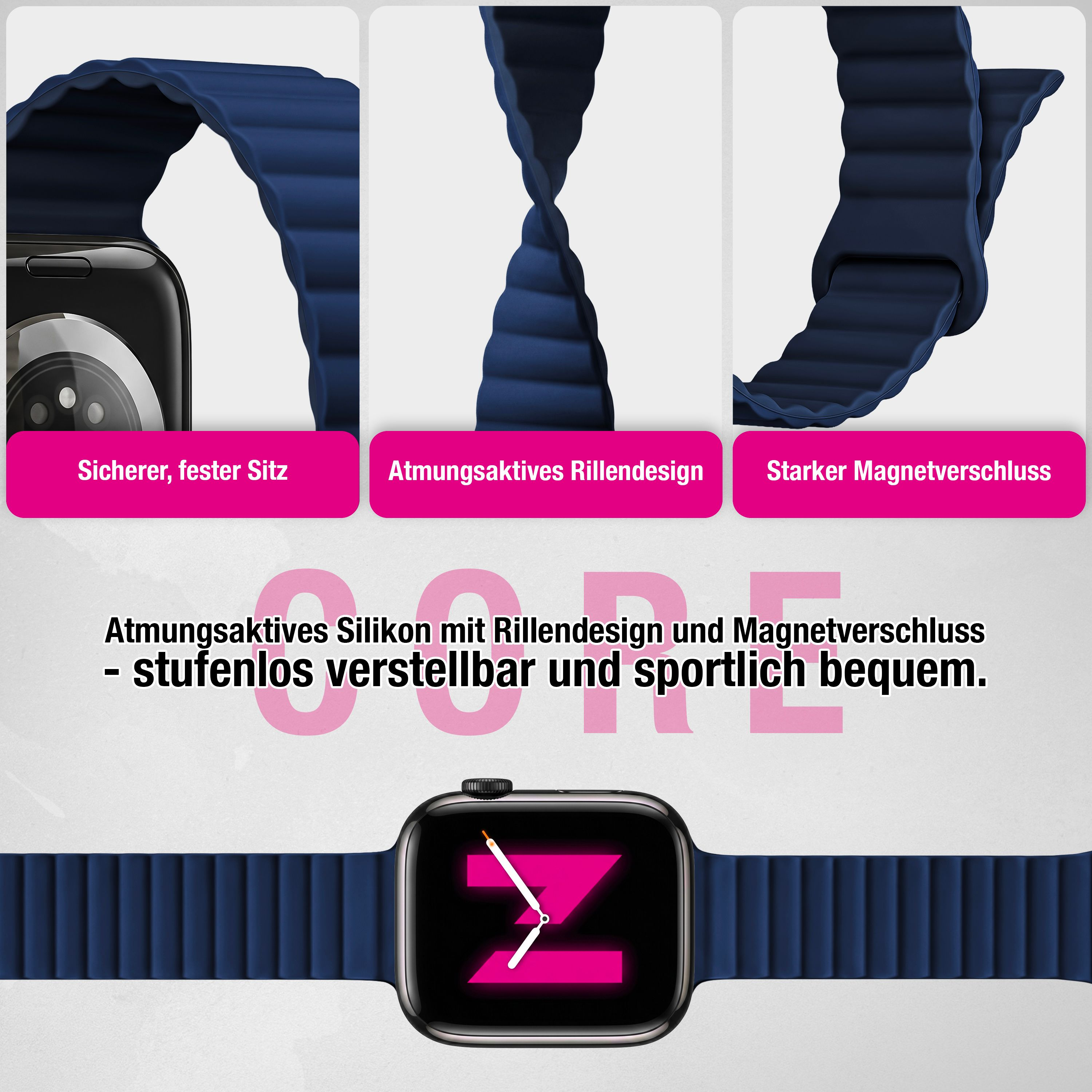 Blaue Apple Watch Silikonarmband mit Rillendesign und Magnetverschluss.