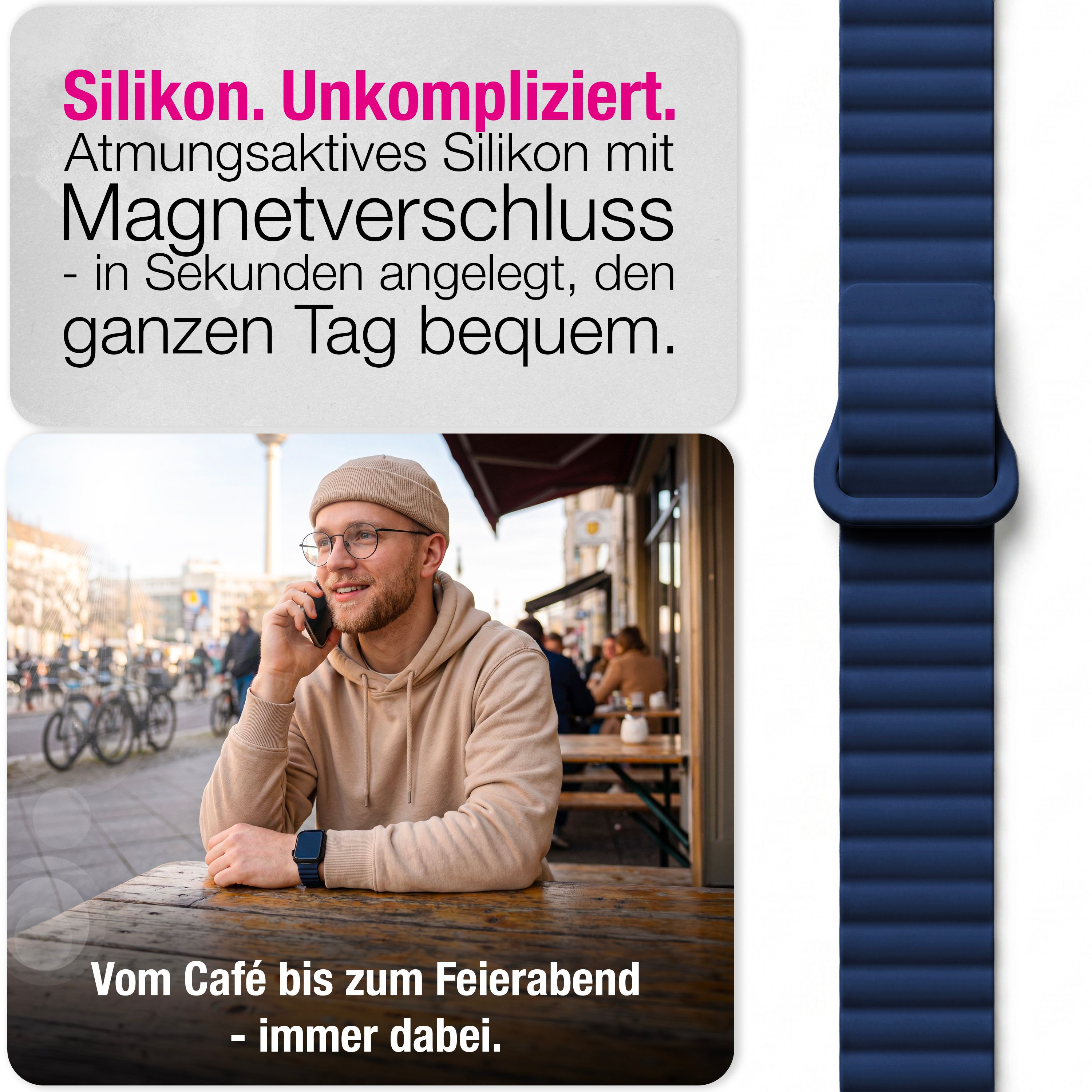 Mann mit Beanie und Brille telefoniert an einem Straßencafé; daneben ein blaues Silikon-Smartwatch-Armband.