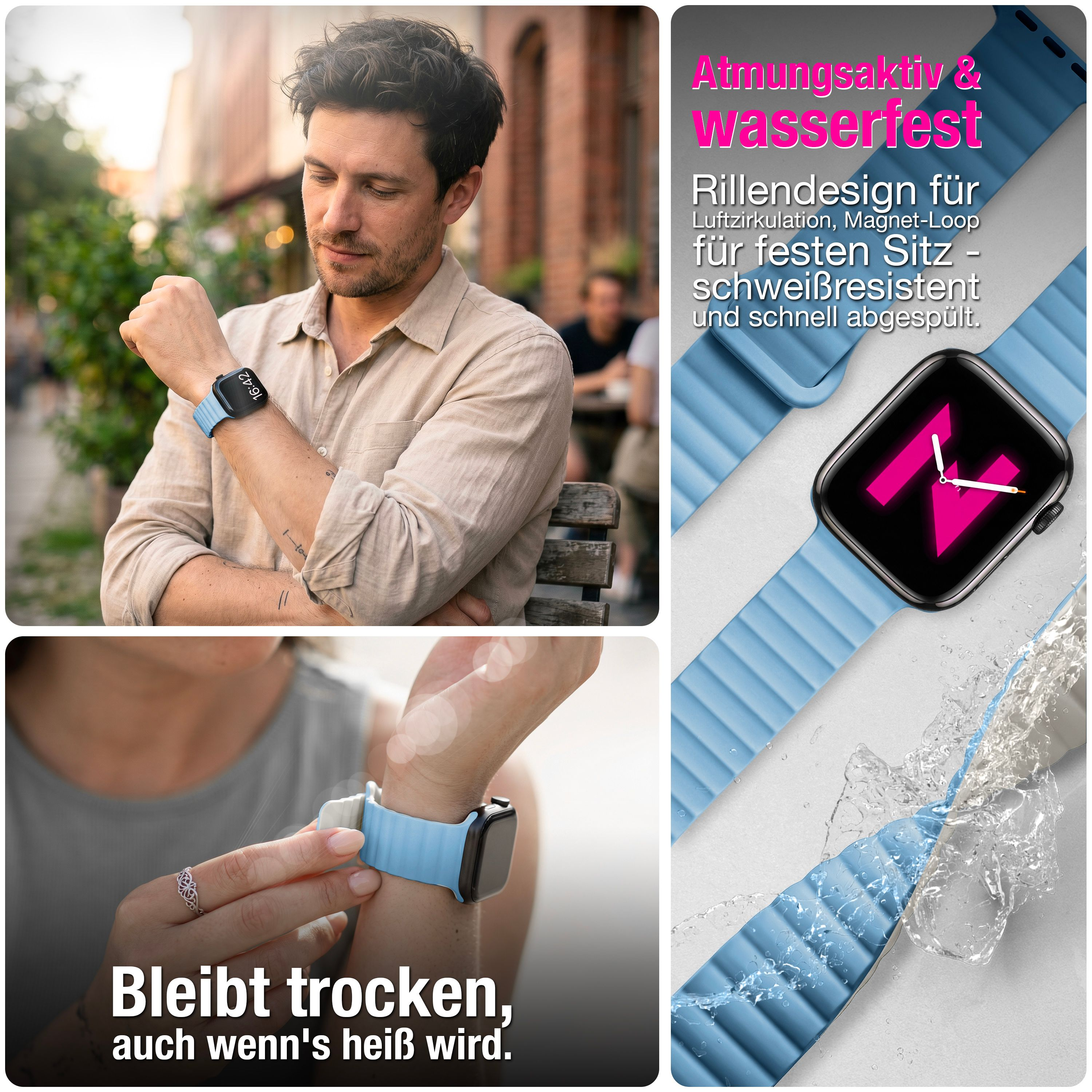 Modische blaue Smartwatch-Armbänder mit Rillendesign für Atmungsaktivität und Wasserbeständigkeit.