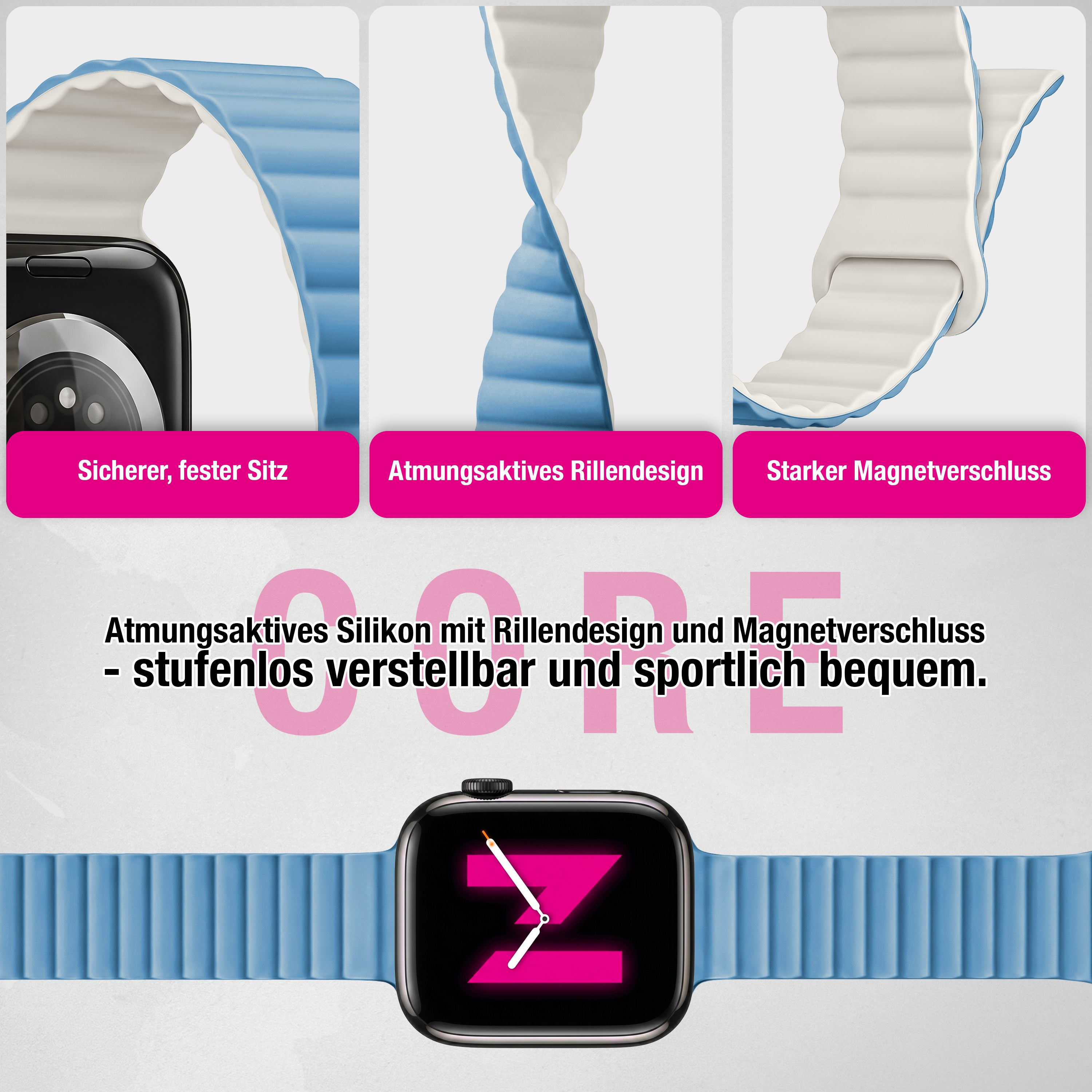Blau-weiße Silikon-Uhrenarmband mit Rillen, Magnetverschluss und Smartwatch.