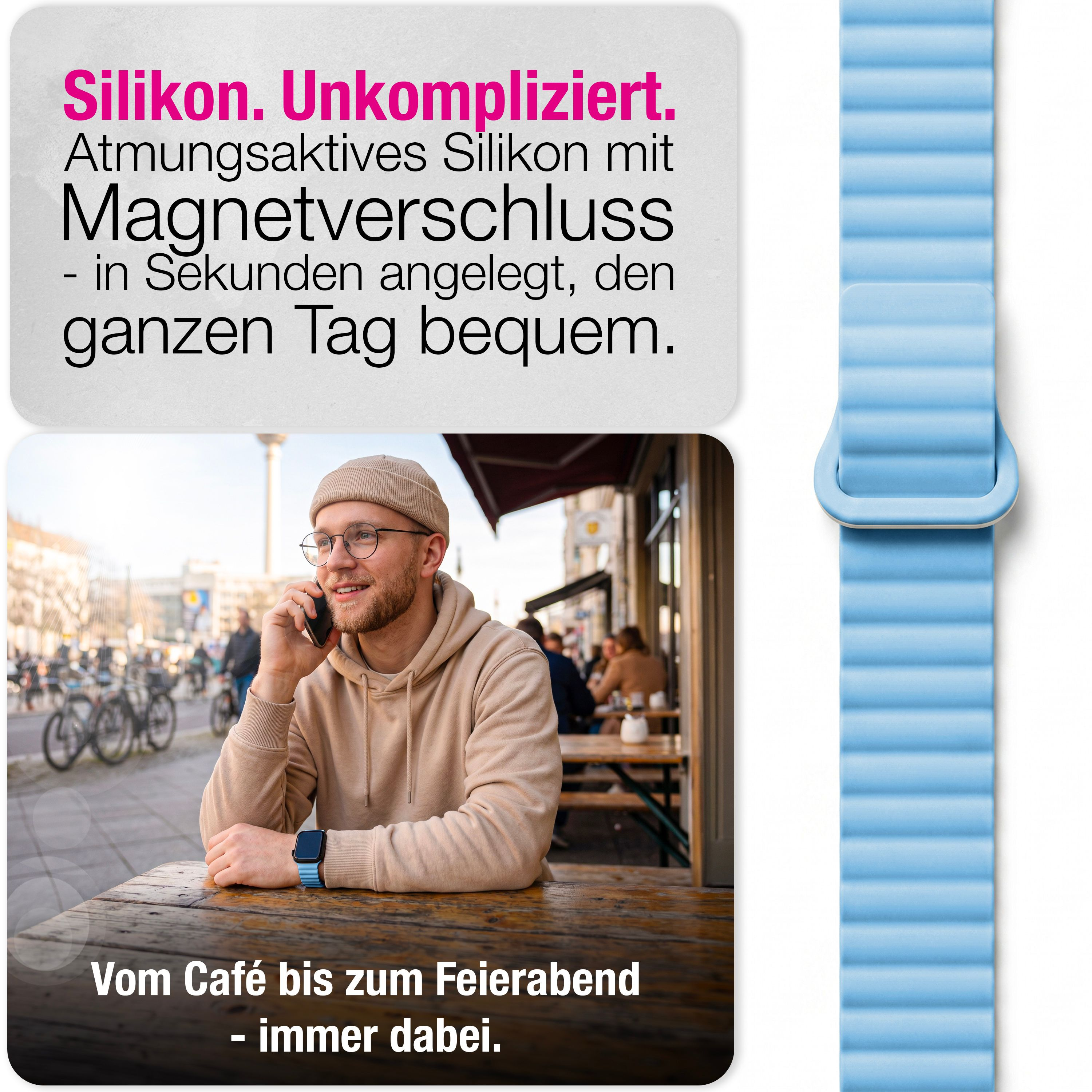 Ein Mann telefoniert in einem Straßencafé mit einer Smartwatch und hellblauem Armband.