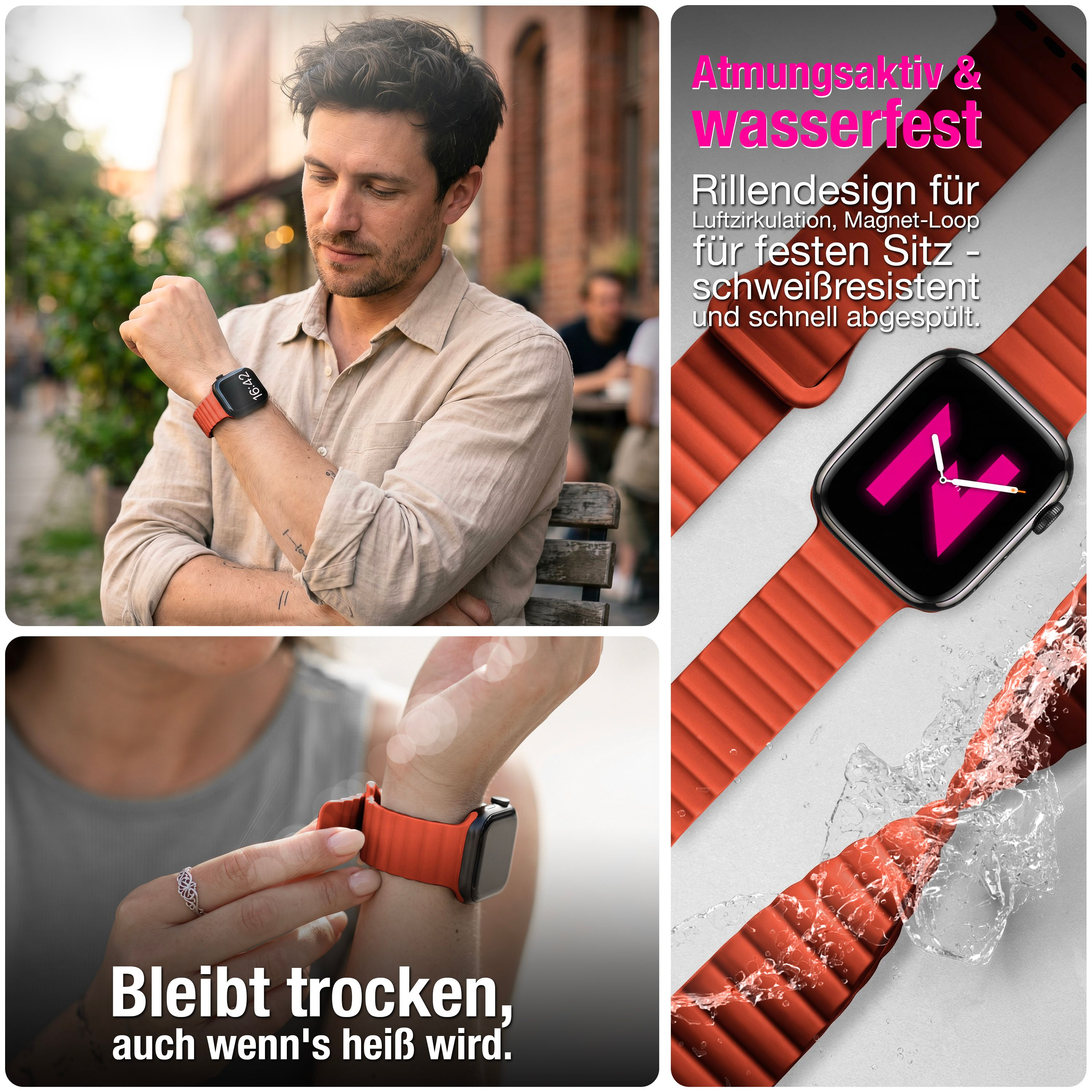Ein Mann und eine Frau tragen eine Smartwatch mit orangefarbenem Silikonarmband im Freien.