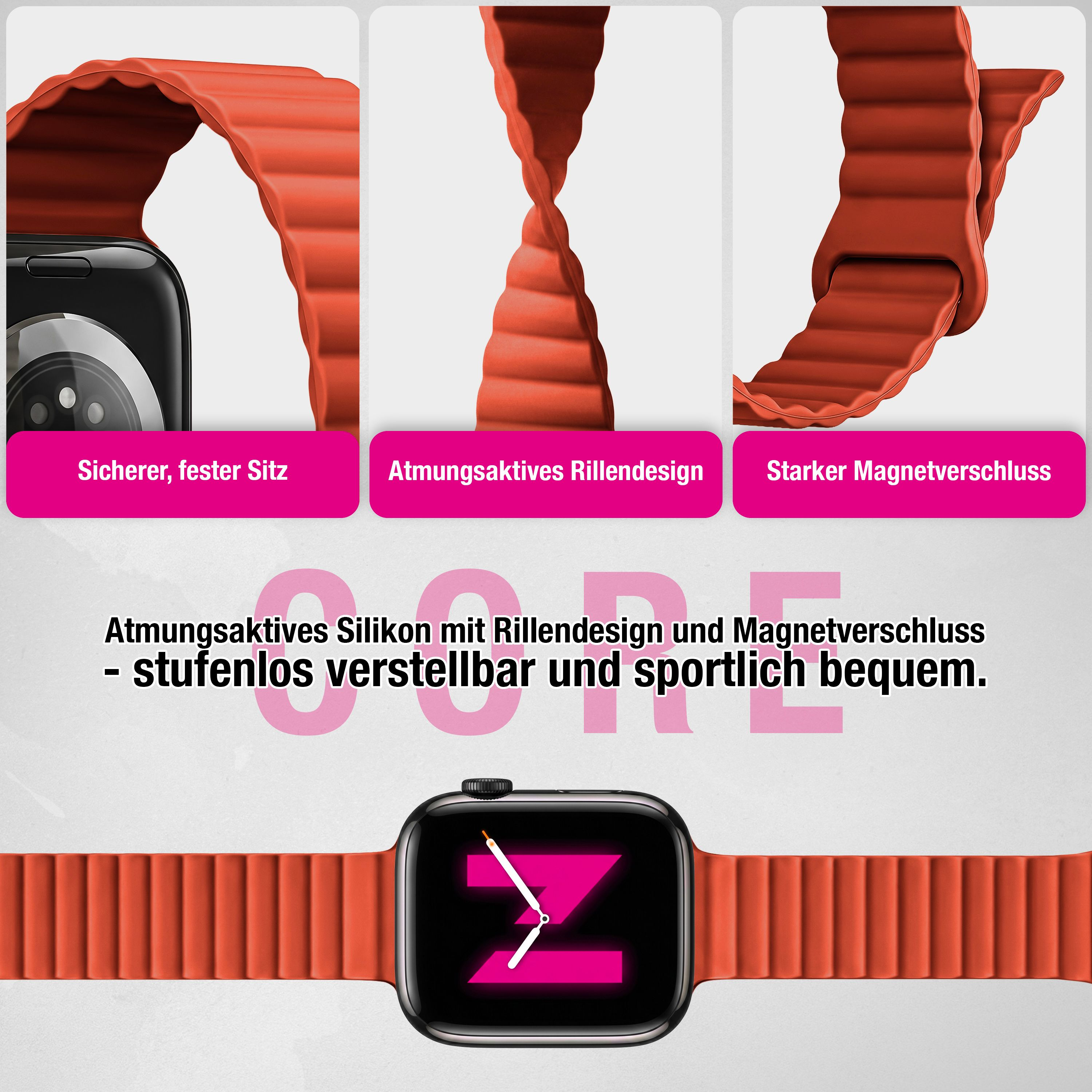 Rotes Silikon-Smartwatcharmband mit Rillendesign und Magnetverschluss aus mehreren Perspektiven.