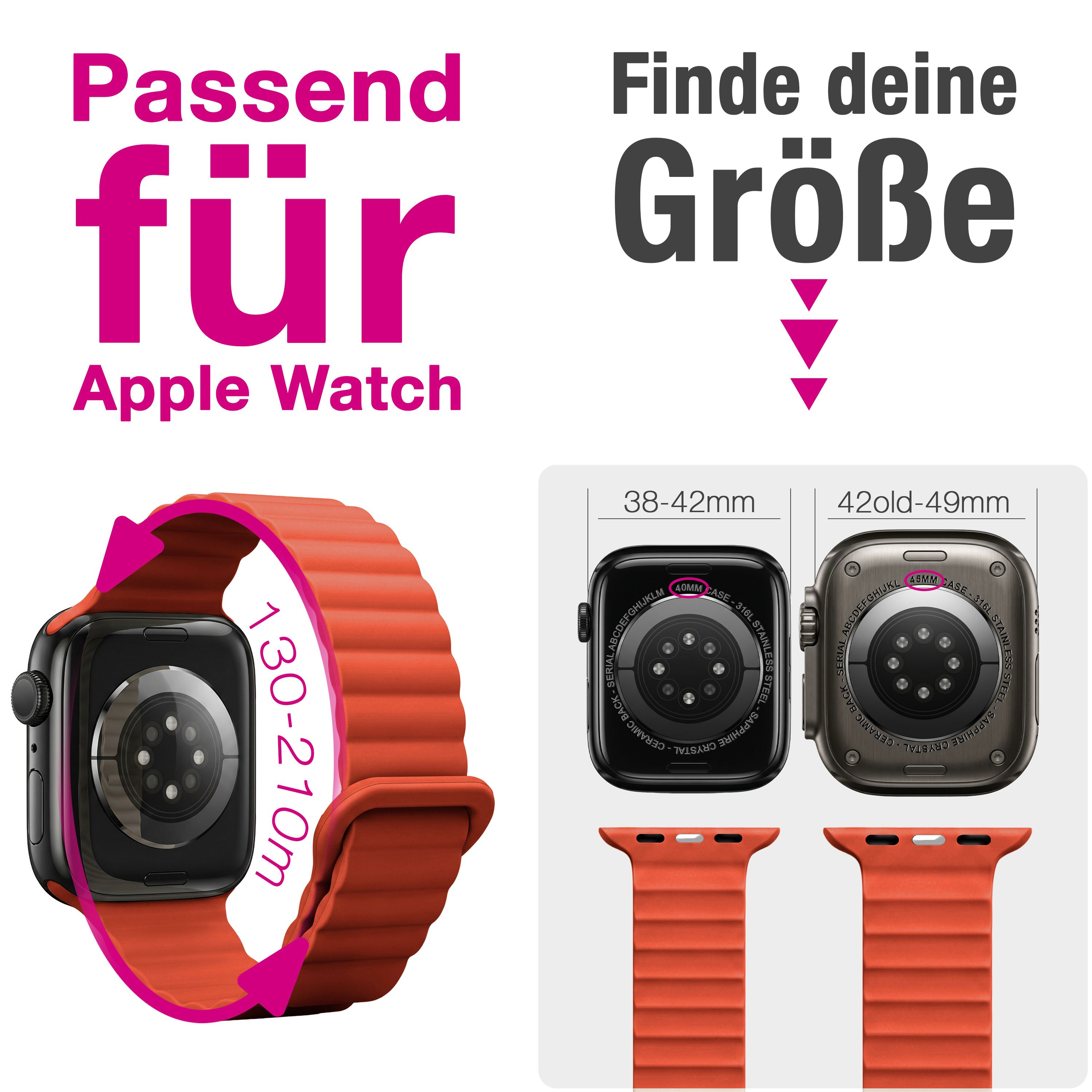 Apple Watch Band Größenanleitung mit zwei Uhrengrößen und einem orangen Armband.