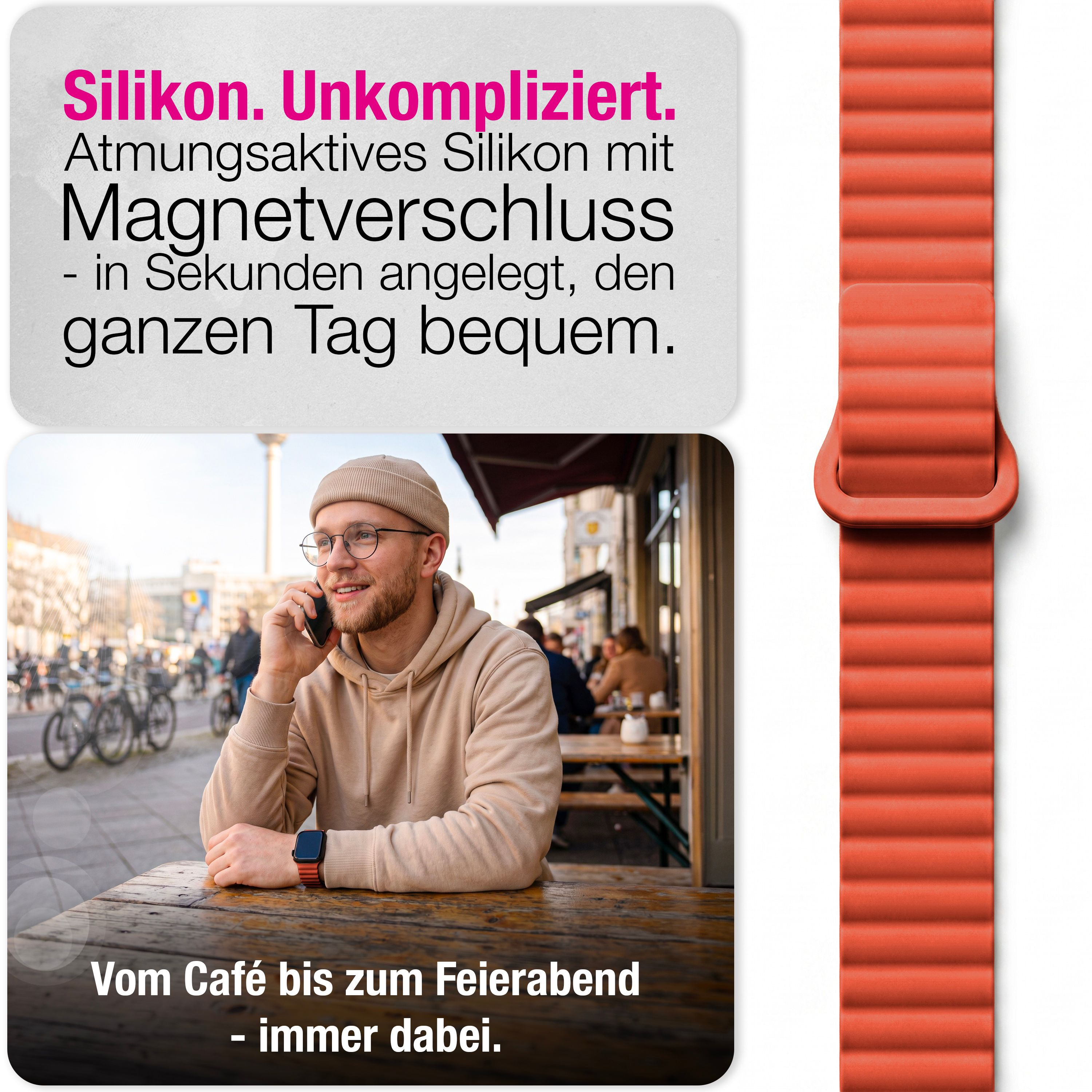 Werbebild für ein orangefarbenes Silikon-Smartwatch-Armband mit Mann im Café und Text.