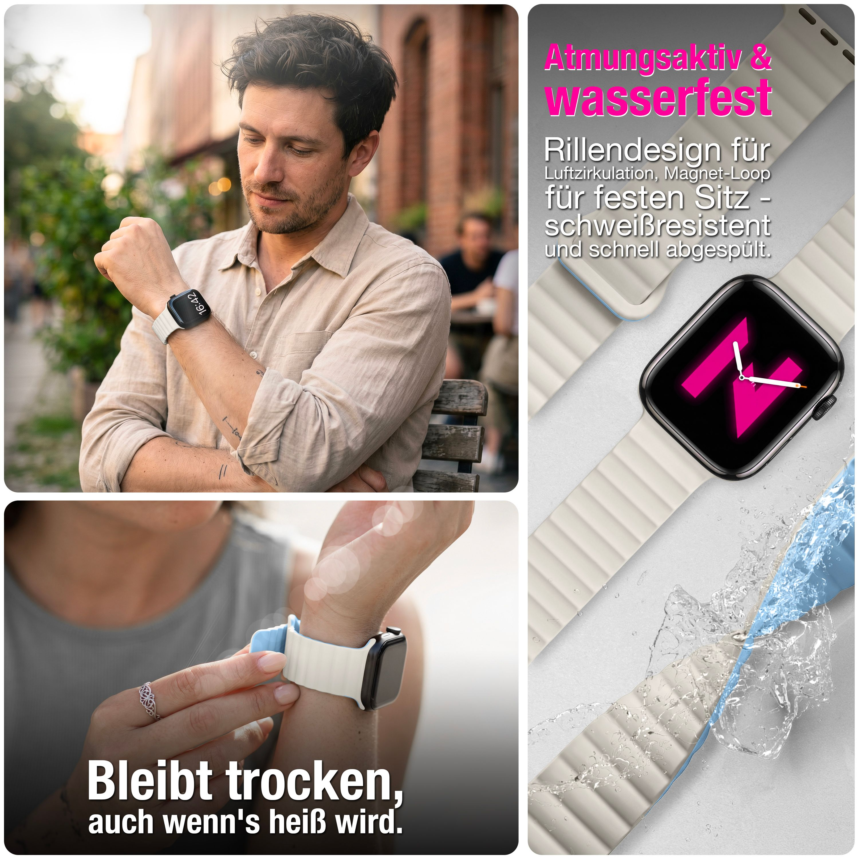 Modifeed Smartwatch mit atmungsaktivem, wasserfestem Silikonarmband und Text mit Produktfeatures.