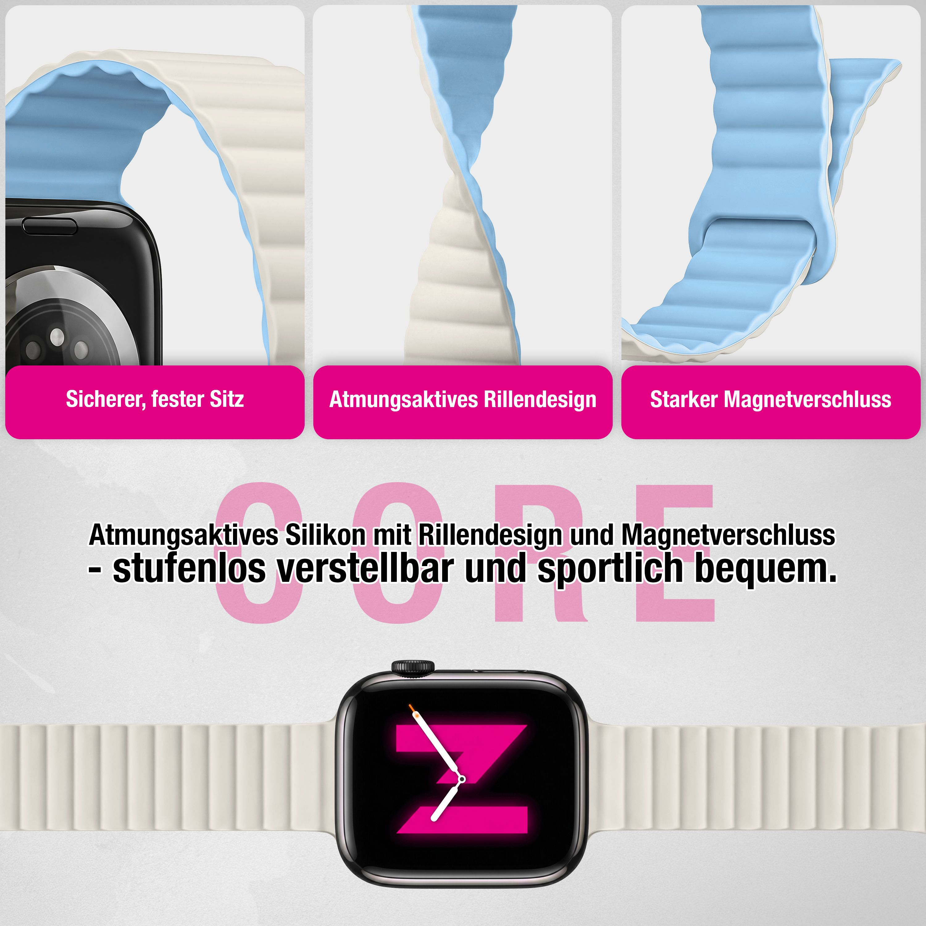 Beige und blaue Silikon-Smartwatch-Armbänder mit Rillendesign und Magnetverschluss in drei Ausschnitten.