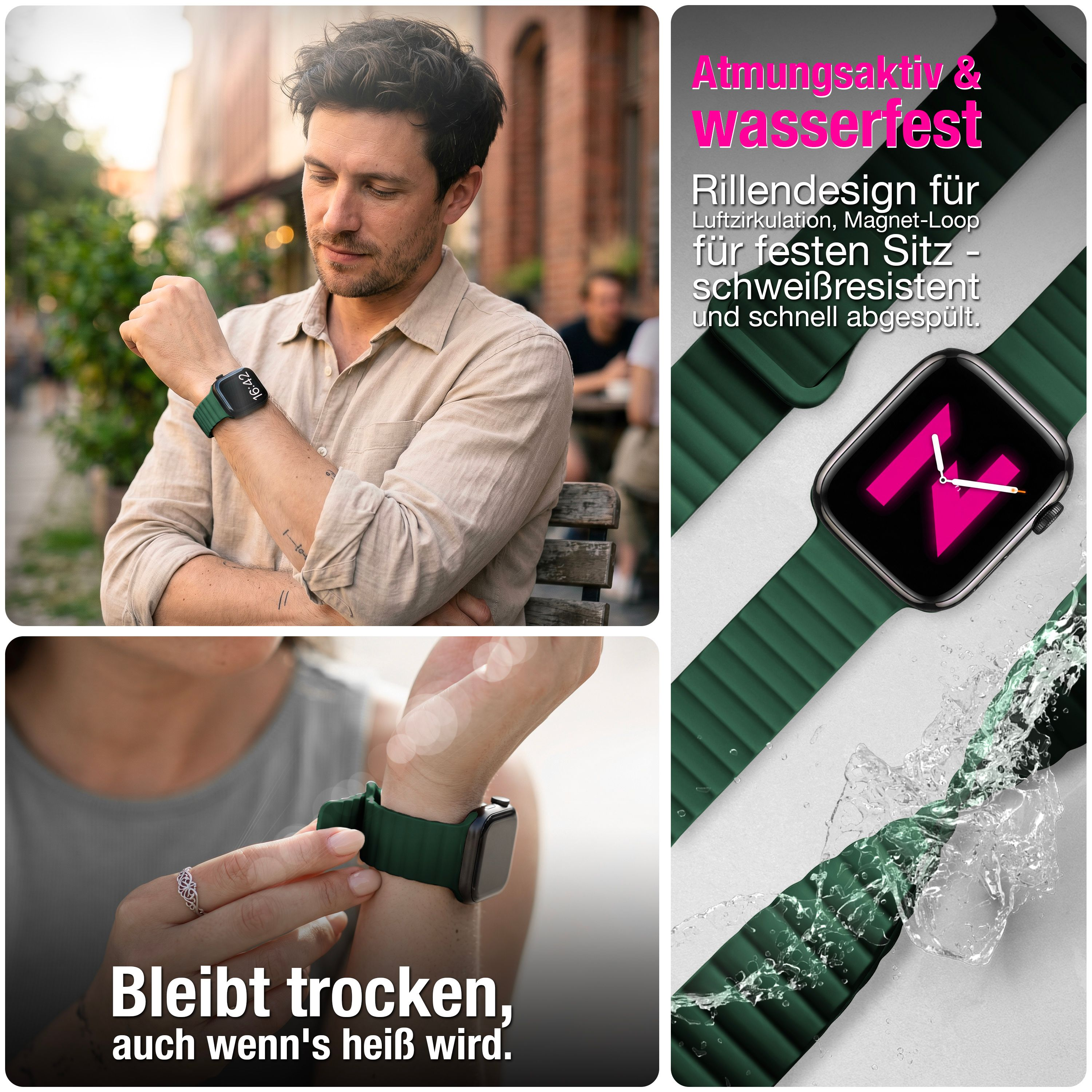 Ein Mann trägt eine grüne Smartwatch mit Rillen-Magnetarmband, daneben spritzt Wasser auf ein Band.