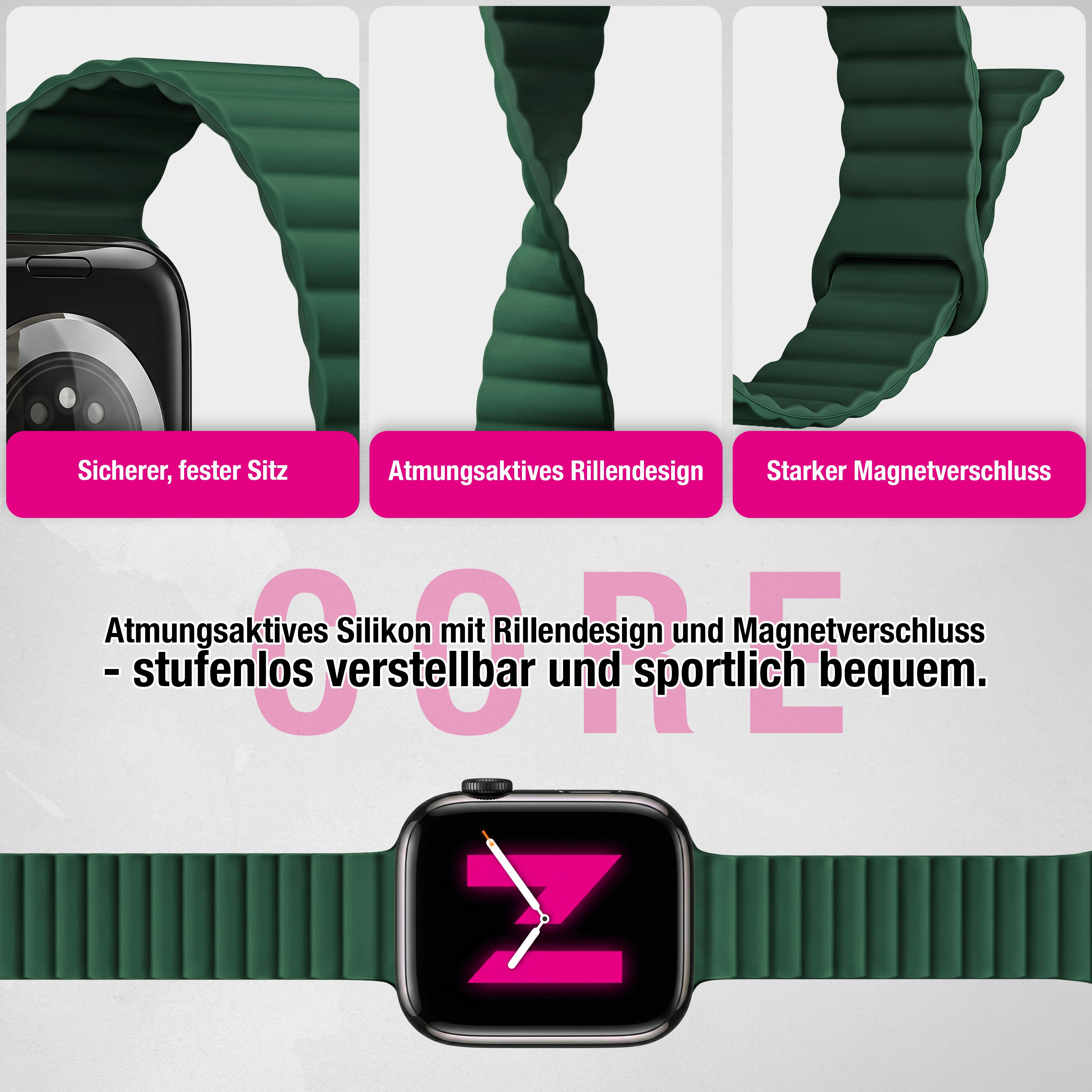 Grünes Silikonarmband mit Rillendesign und Magnetverschluss für Smartwatches.
