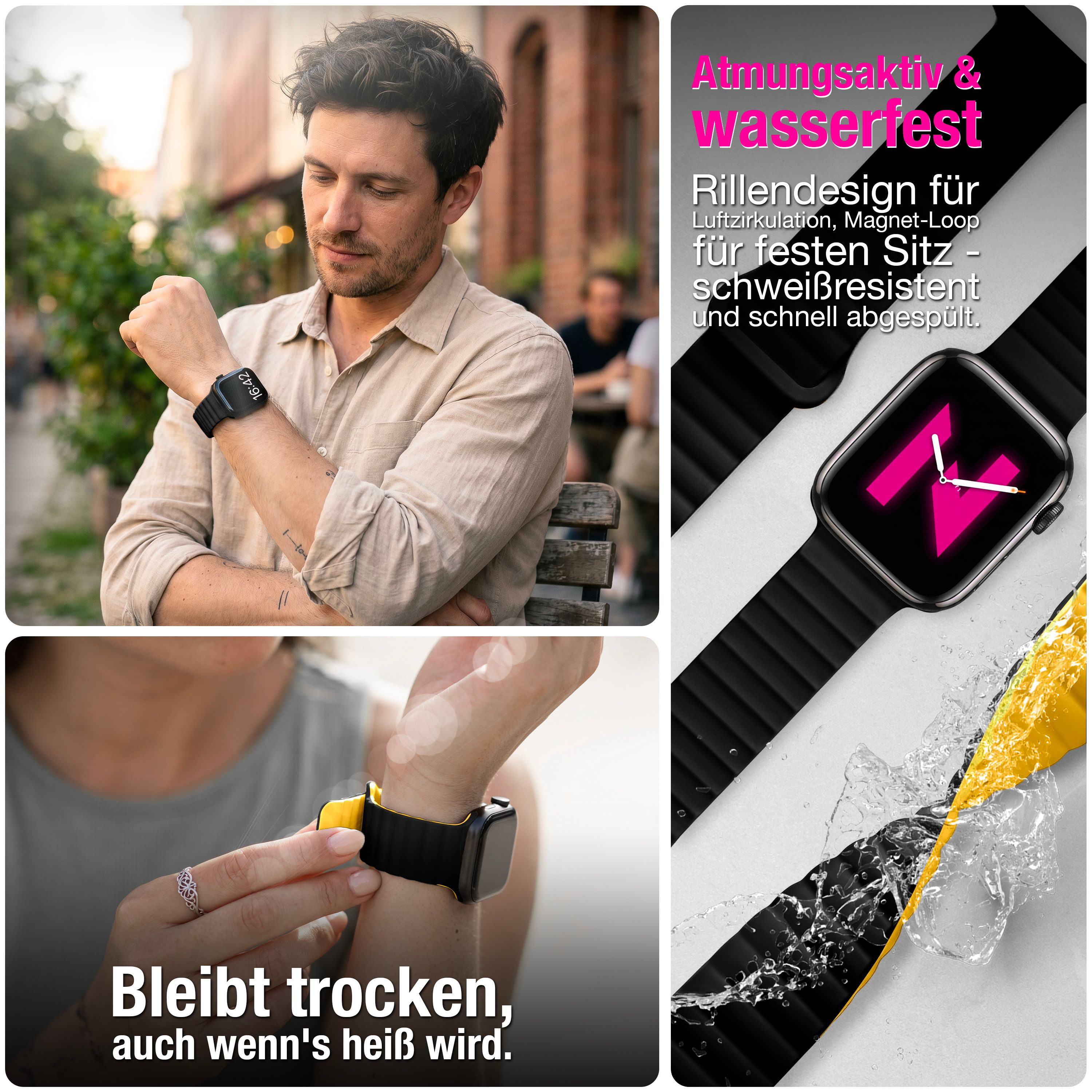 Modische Smartwatch mit atmungsaktivem, wasserfestem Armband für aktive Nutzer, in drei Panels gezeigt.