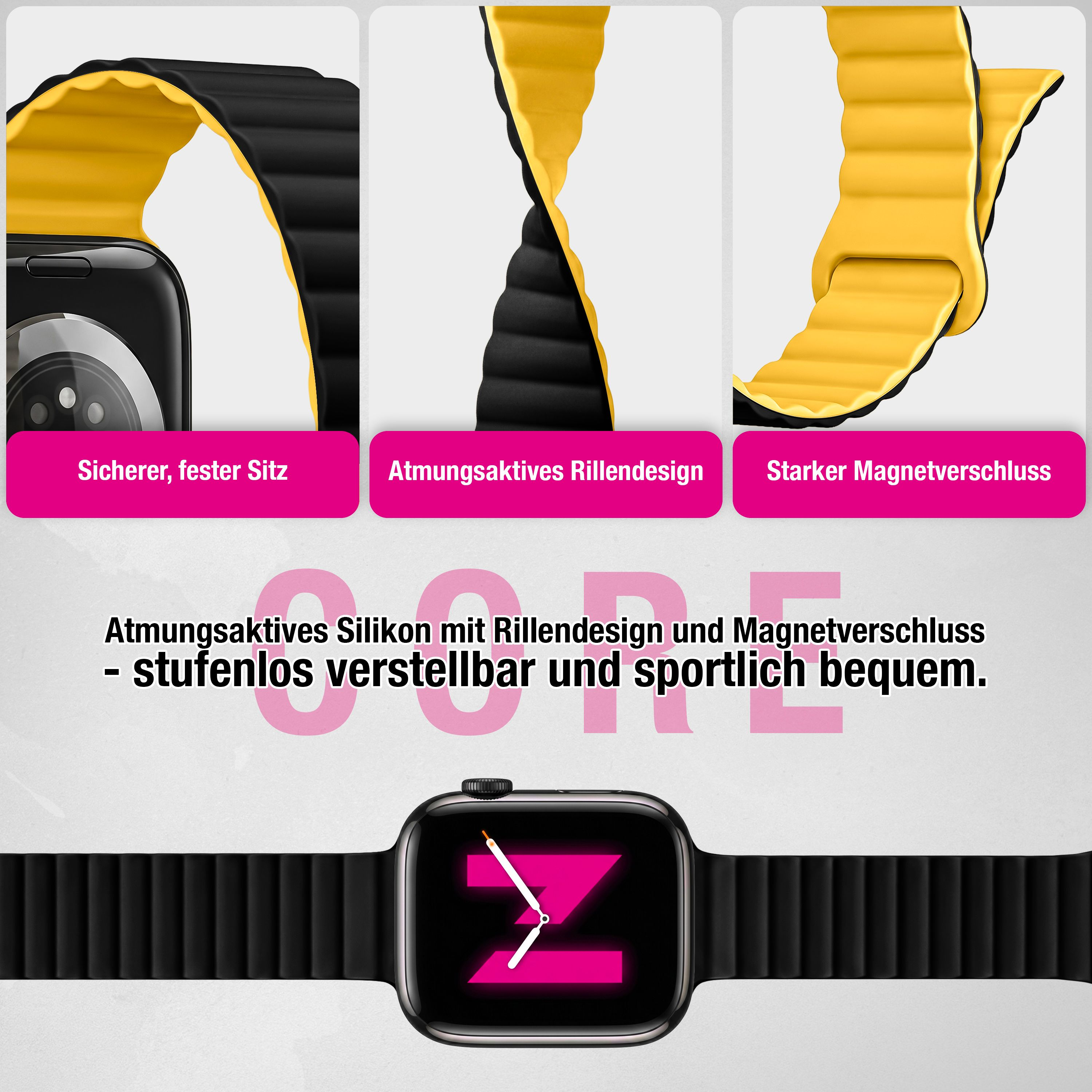 Schwarzes und gelbes Silikon-Smartwatch-Armband mit geriffeltem Design und starkem Magnetverschluss.