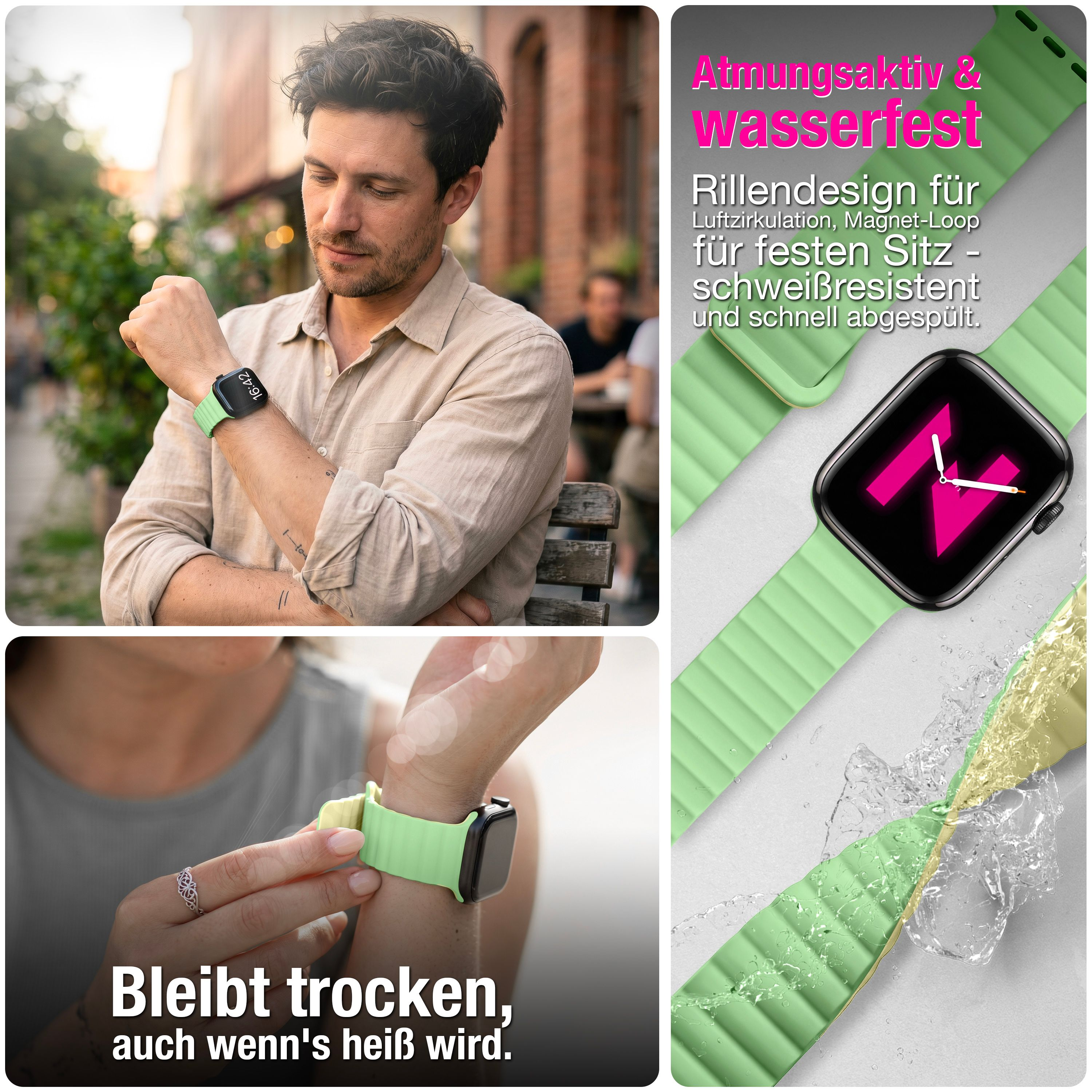 Ein Mann und eine Frau tragen draußen eine Smartwatch mit grünem Magnetarmband, mit deutschem Werbetext.