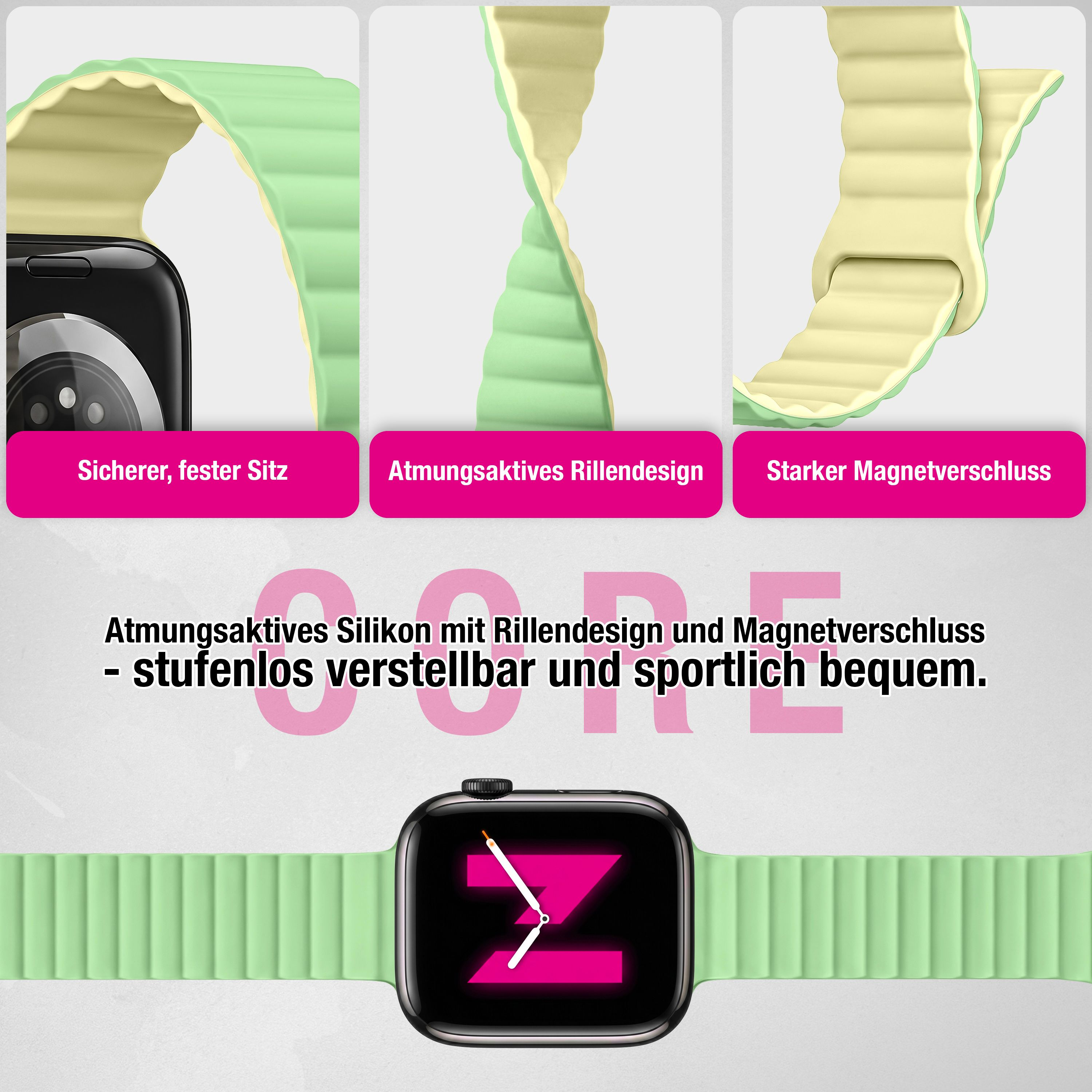 Grünes Silikonarmband mit Rillendesign und Magnetverschluss an einer Smartwatch.