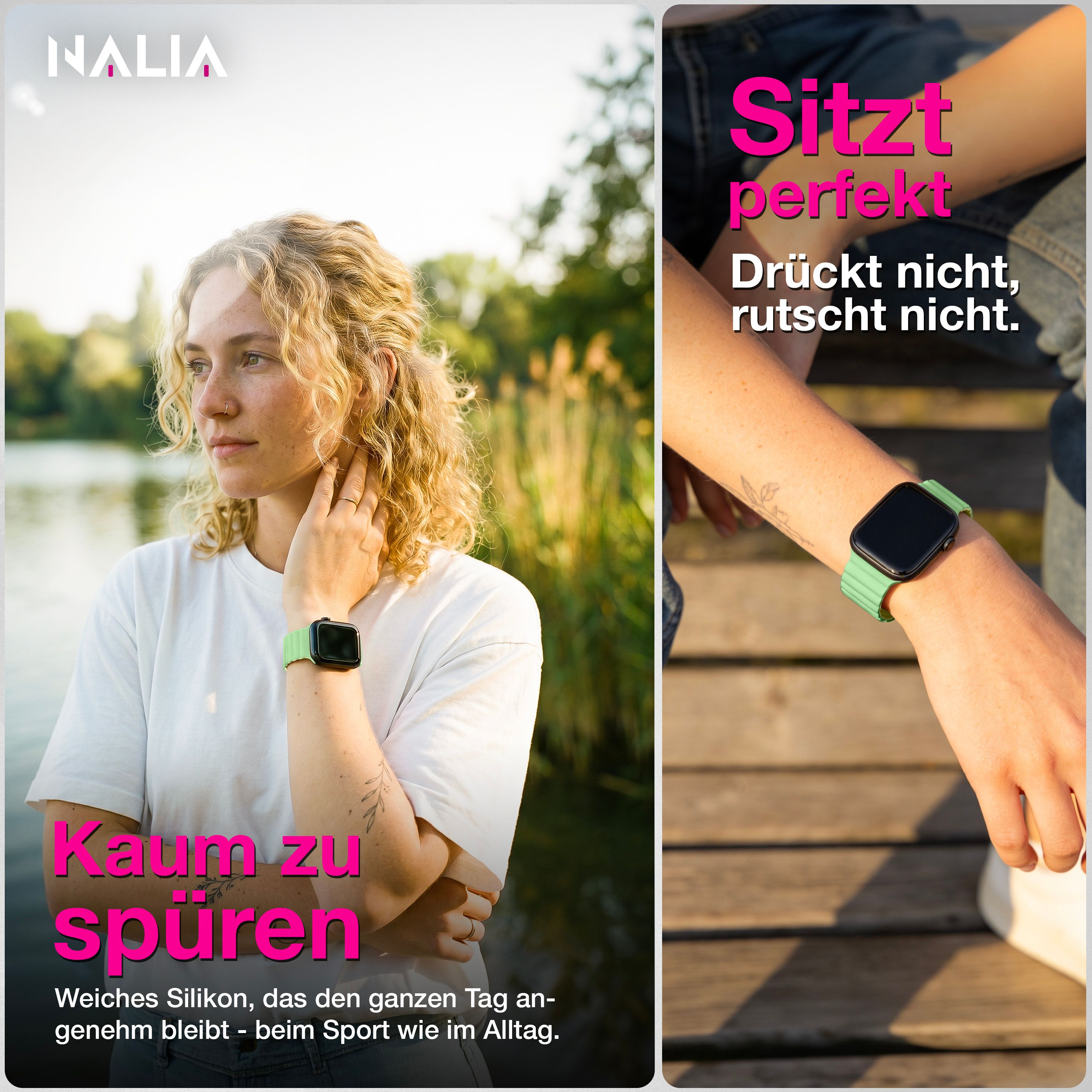 Eine Frau trägt draußen eine Smartwatch mit einem grünen Silikonarmband und Werbetexten.
