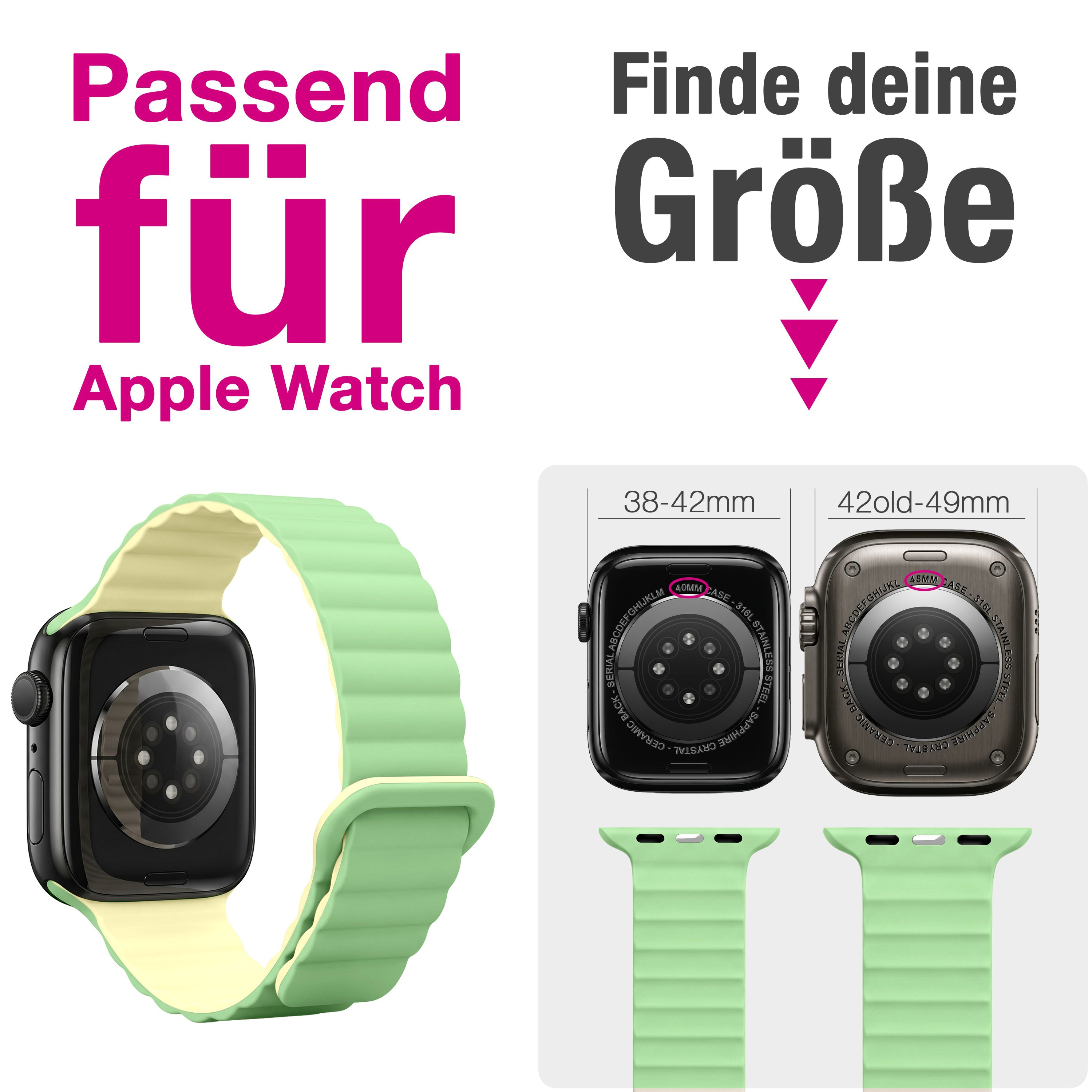 Grünes Apple Watch-Armband mit Kompatibilitätsgrößen 38-42mm und 42-49mm.