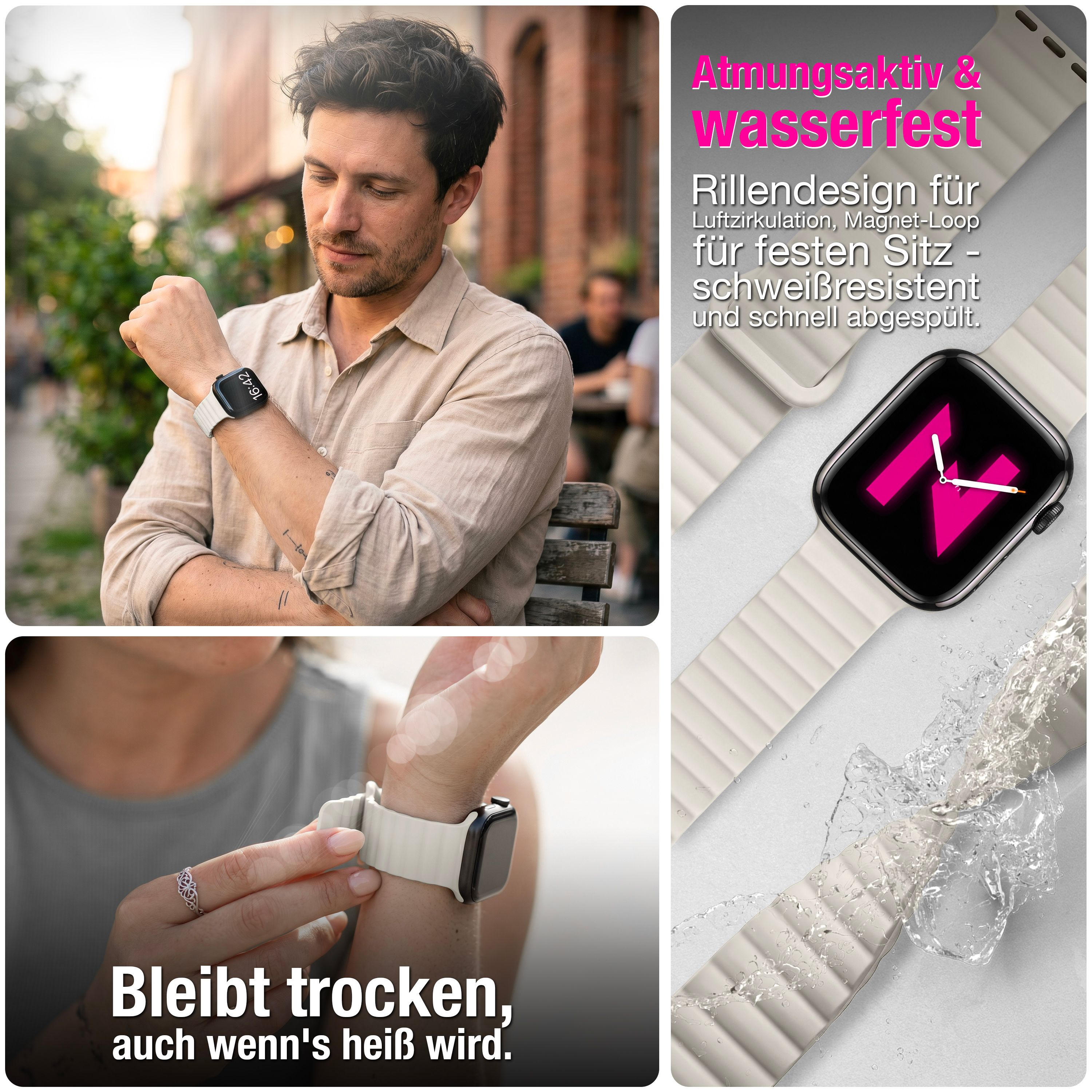 Ein Mann trägt eine Smartwatch mit weißem Silikonarmband im Straßencafé, dazu Textgrafiken.