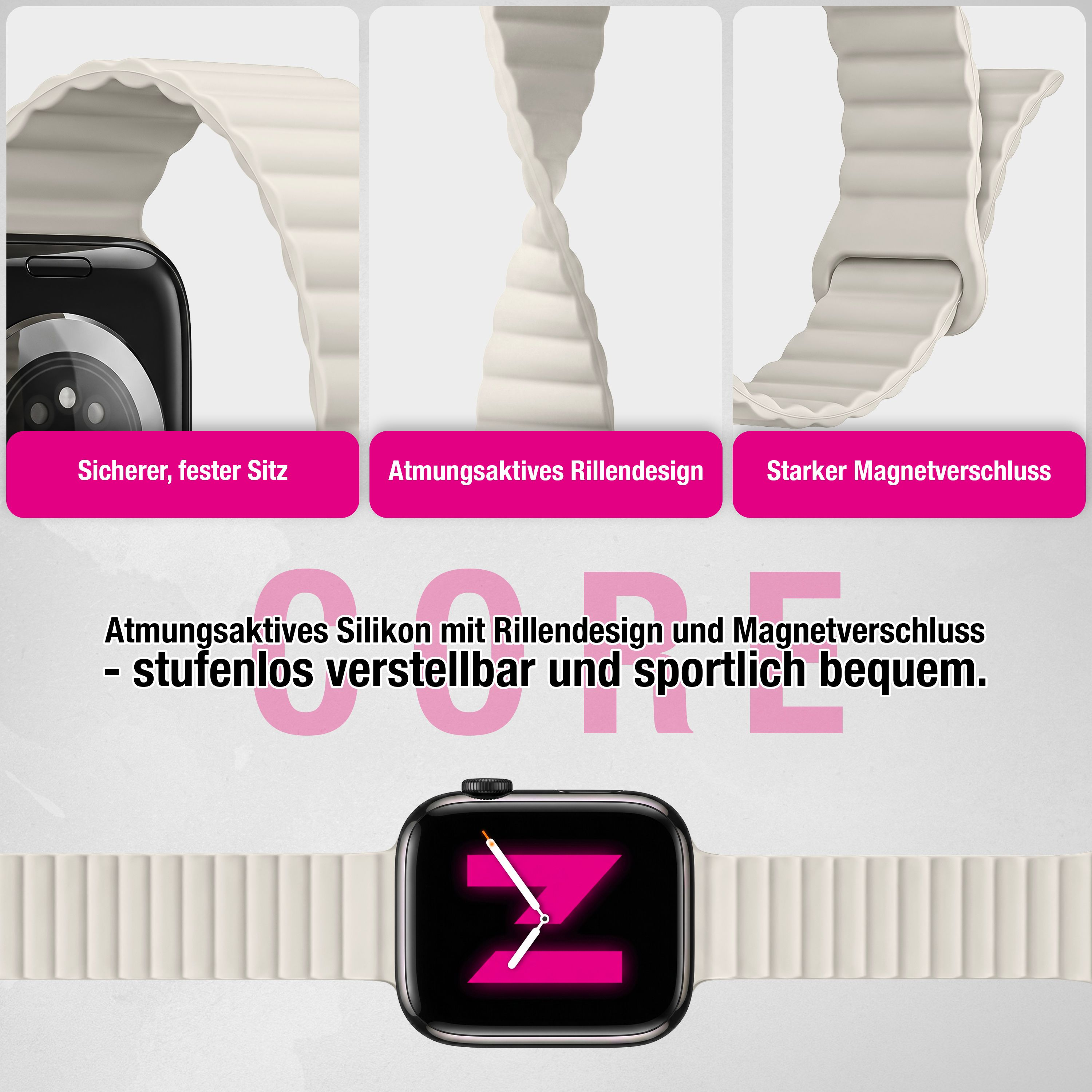 Vierteiliges Produktbild eines beigen Silikon-Smartwatcharmbands mit Rillendesign und Magnetverschluss.