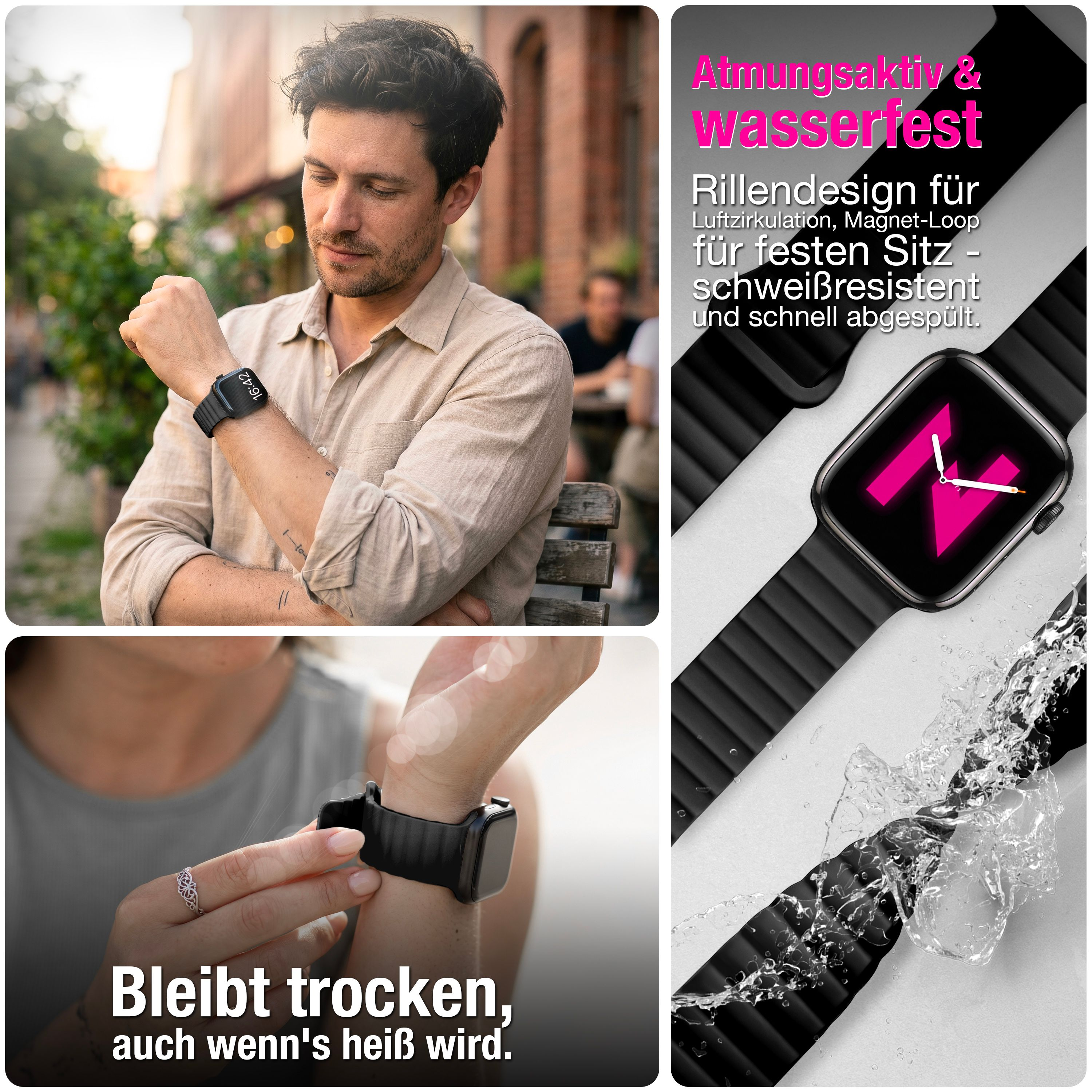 Modische Smartwatch mit atmungsaktivem, wasserfestem Armband in verschiedenen Alltagsszenen.
