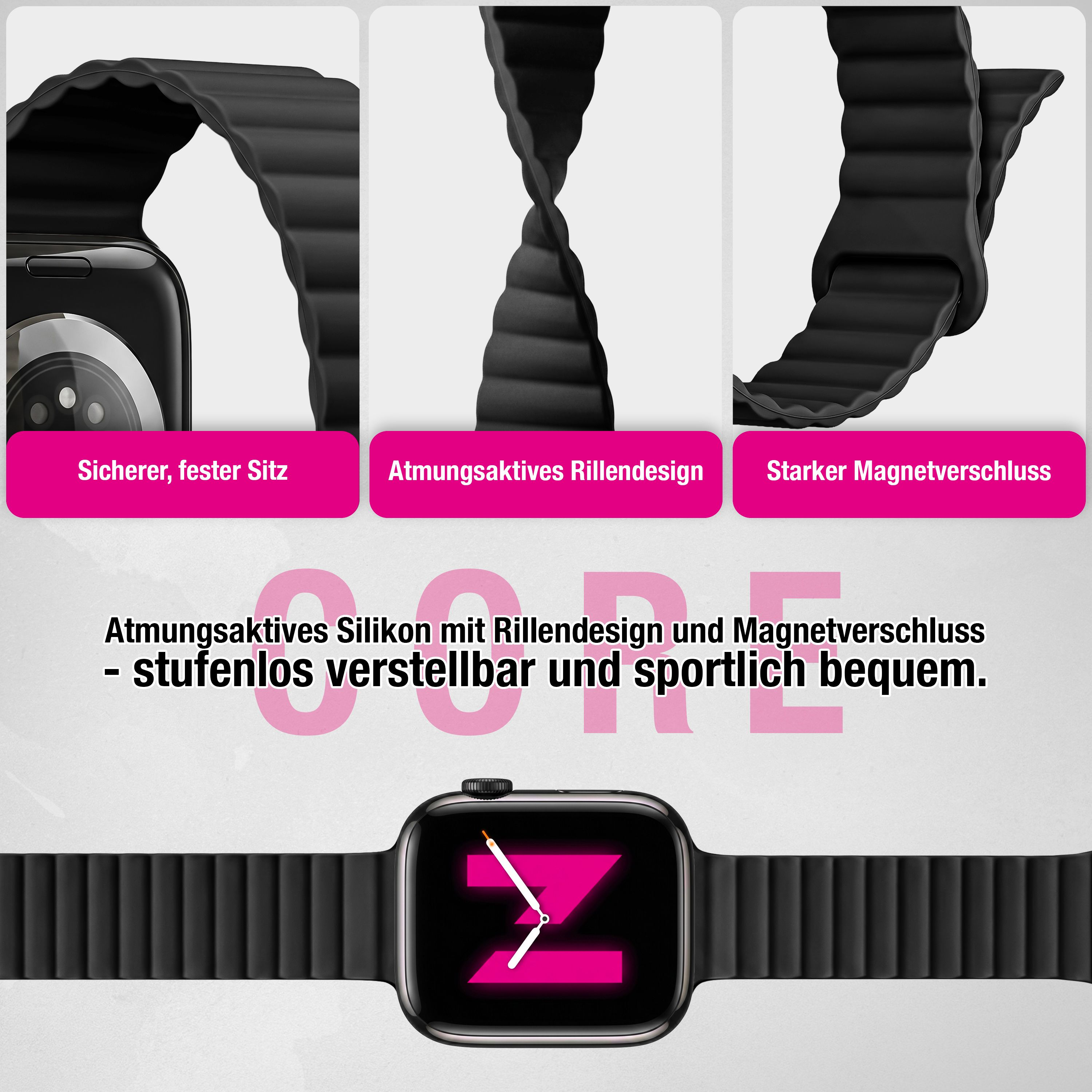 Schwarzes Silikon-Smartwatch-Armband mit Rillendesign und Magnetverschluss.