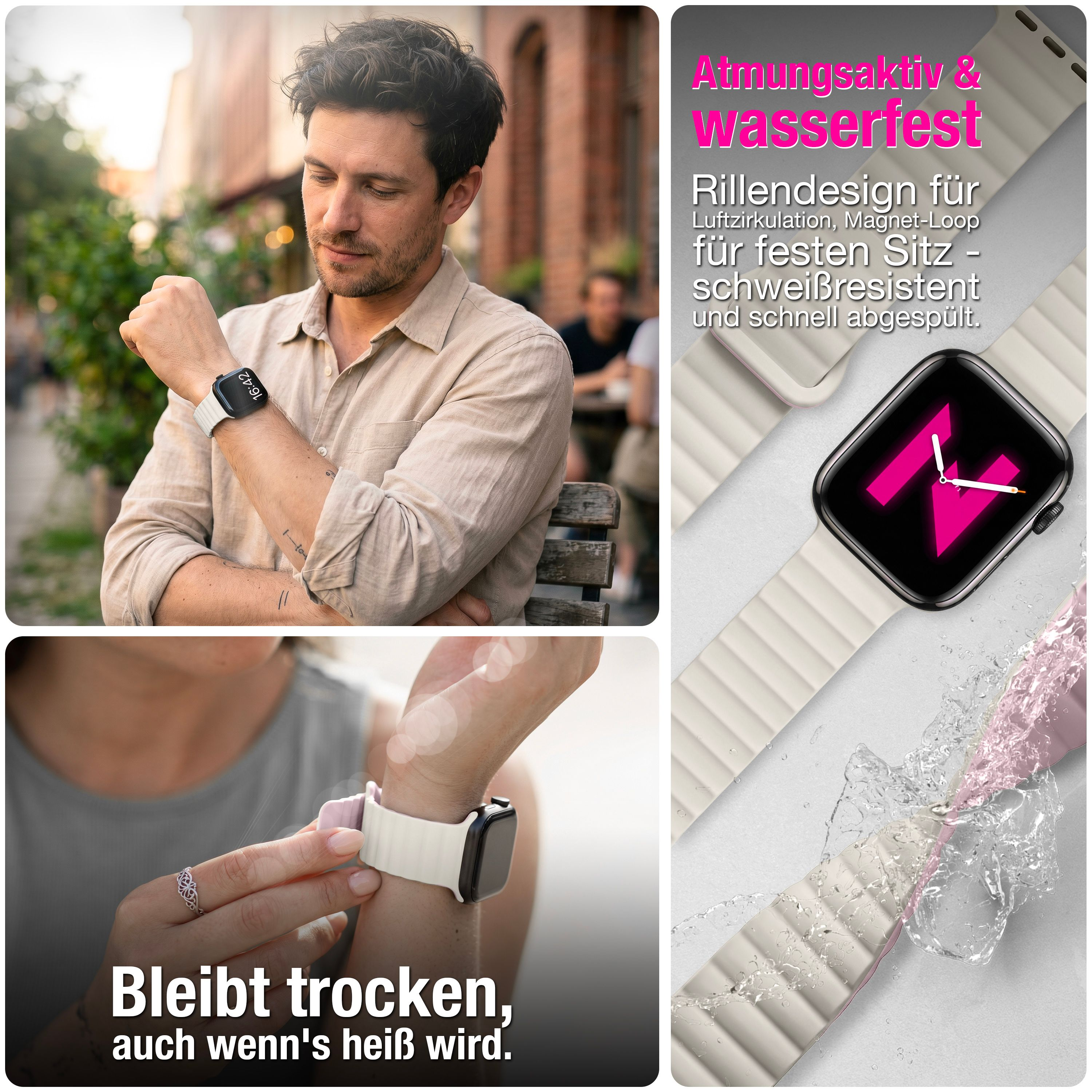 Ein Mann und eine Frau tragen eine Smartwatch mit weißem Silikonarmband, dazu deutscher Werbetext.