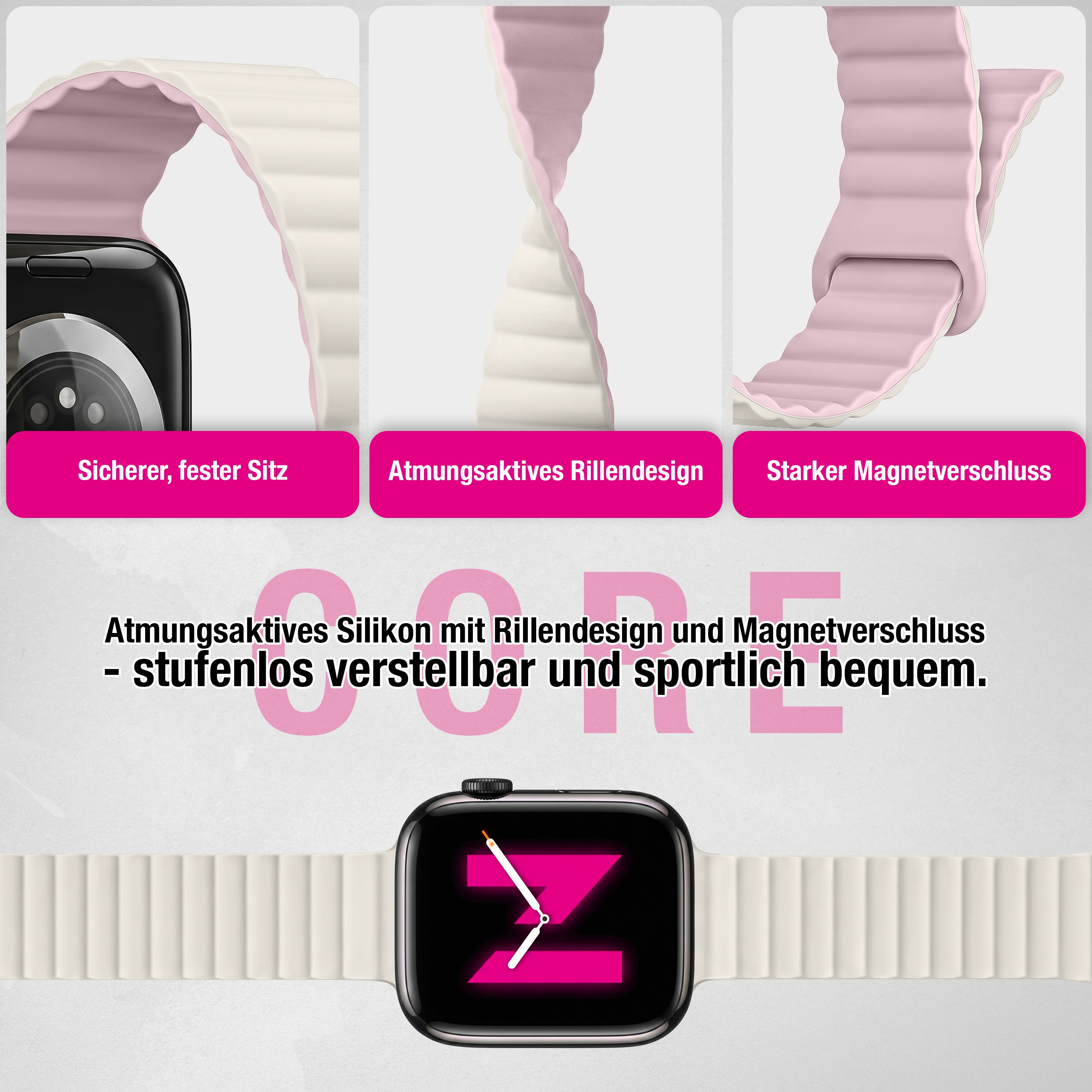 Rosa-weiße Silikon-Smartwatch-Armbänder mit Rillendesign, Magnetverschluss und Textdetails auf hellem Hintergrund.