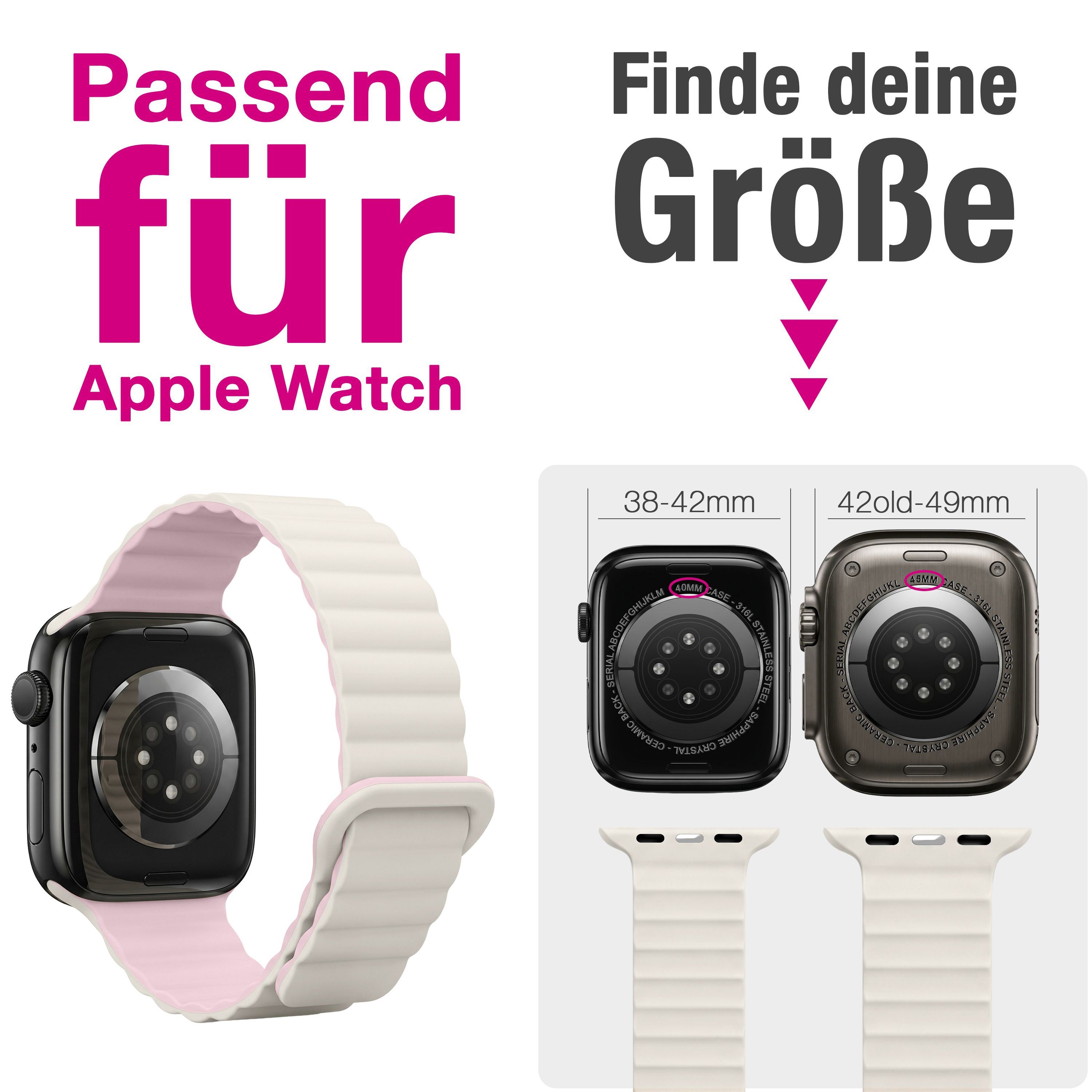 Apple Watch Armband mit Größentabelle für 38-42mm und 42-49mm Modelle.