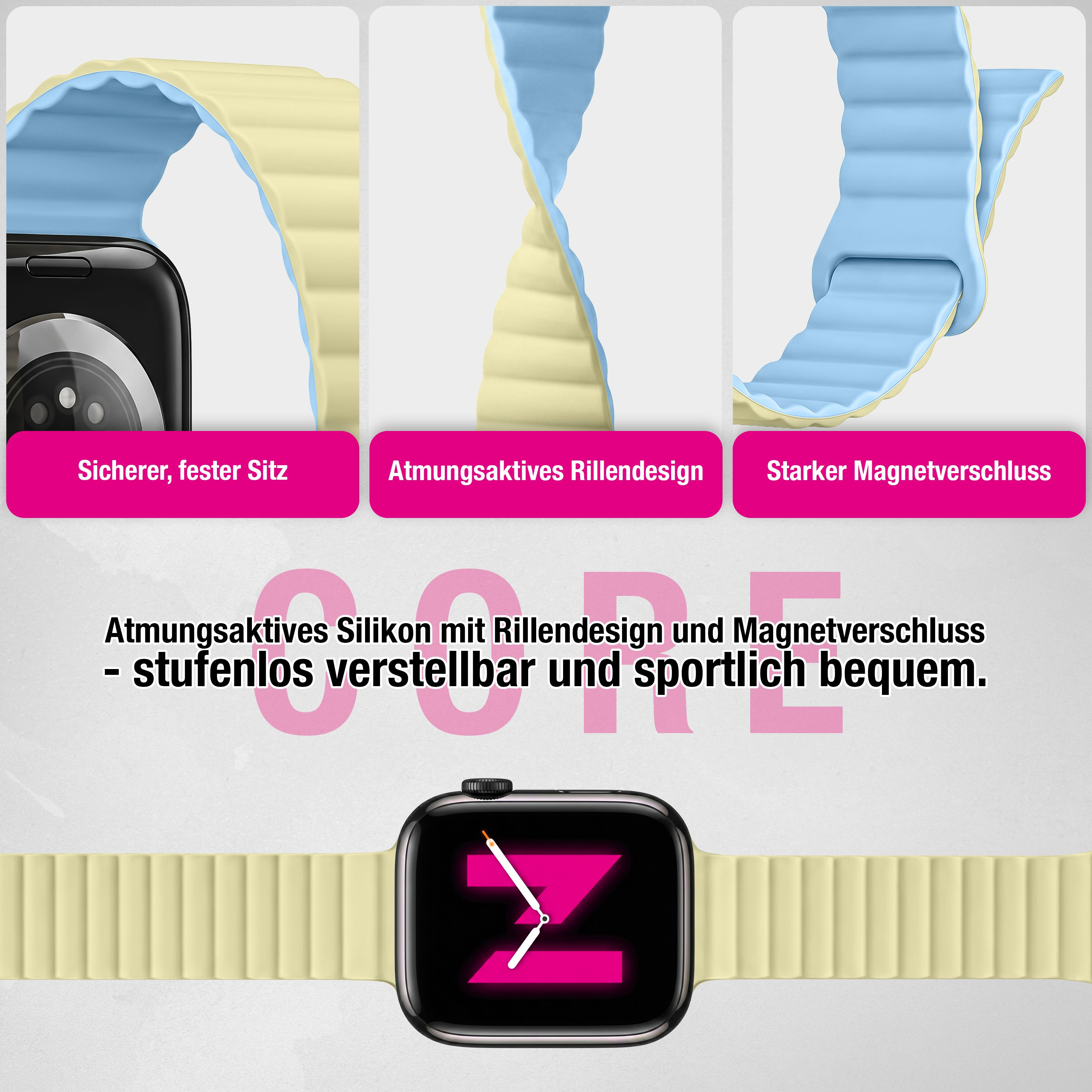 Blaue und gelbe Silikon-Smartwatch-Armbänder mit Rillendesign, Magnetverschluss und Textdetails auf hellem Hintergrund.