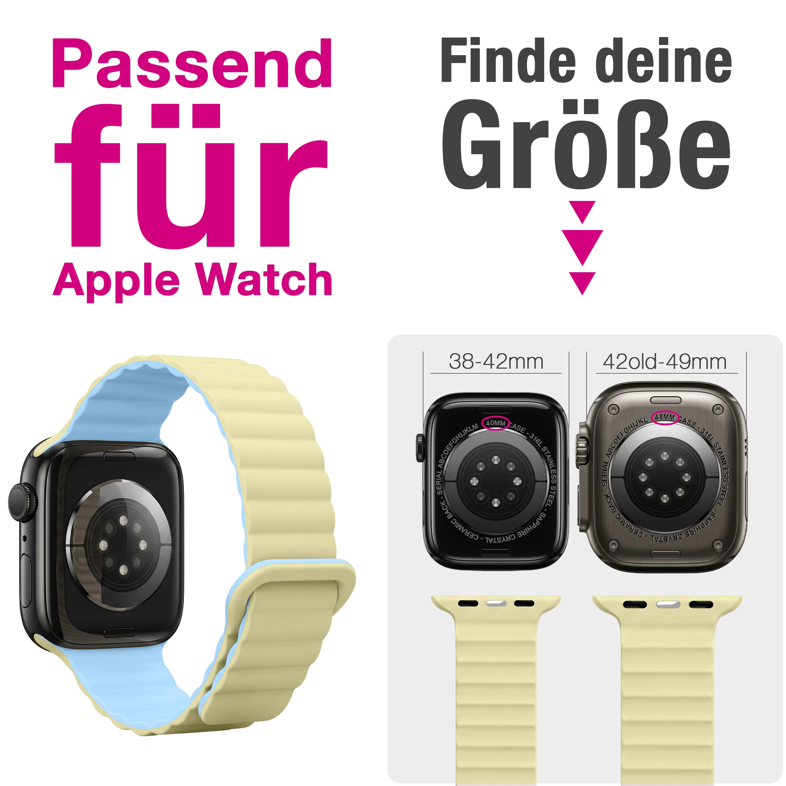 Bequemes, gelbes Magnetband für verschiedene Apple Watch Größen.