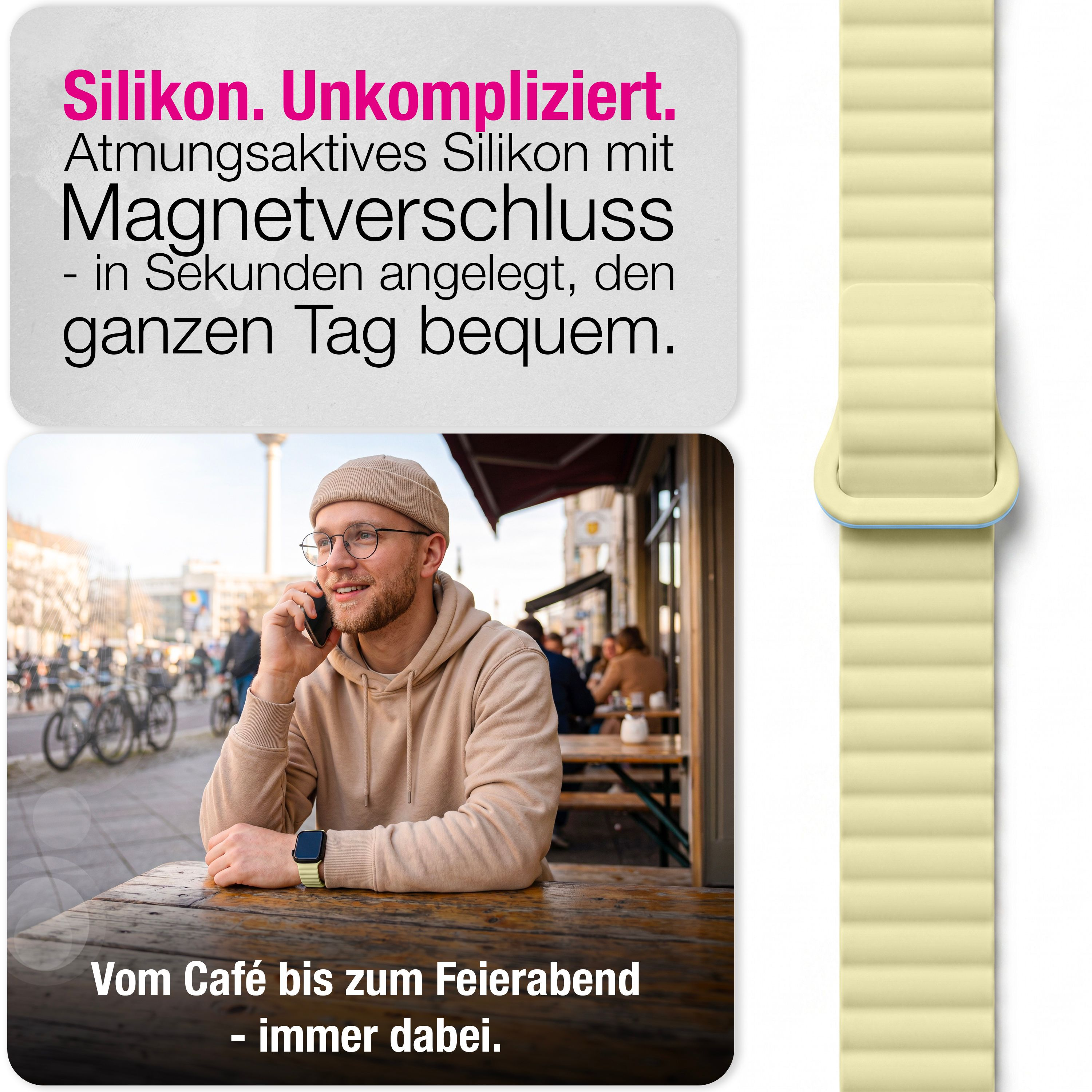 Ein Mann sitzt in einem Café, telefoniert, trägt eine gelbe Smartwatch und eine beigefarbene Mütze.