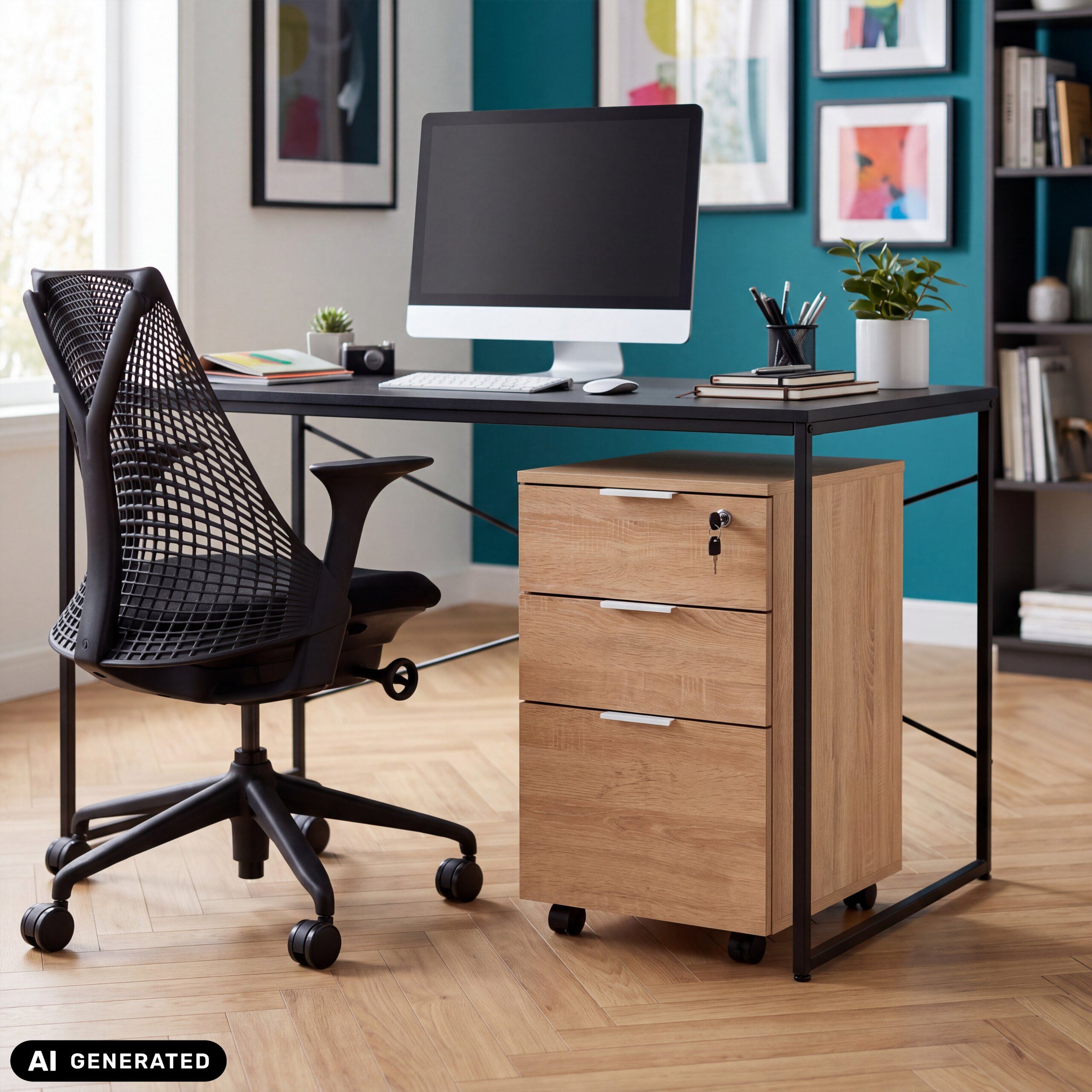 Ein modernes Heimarbeitszimmer mit einem schwarzen Schreibtisch, Computer, Netz-Bürostuhl und Rollcontainer auf Parkett.