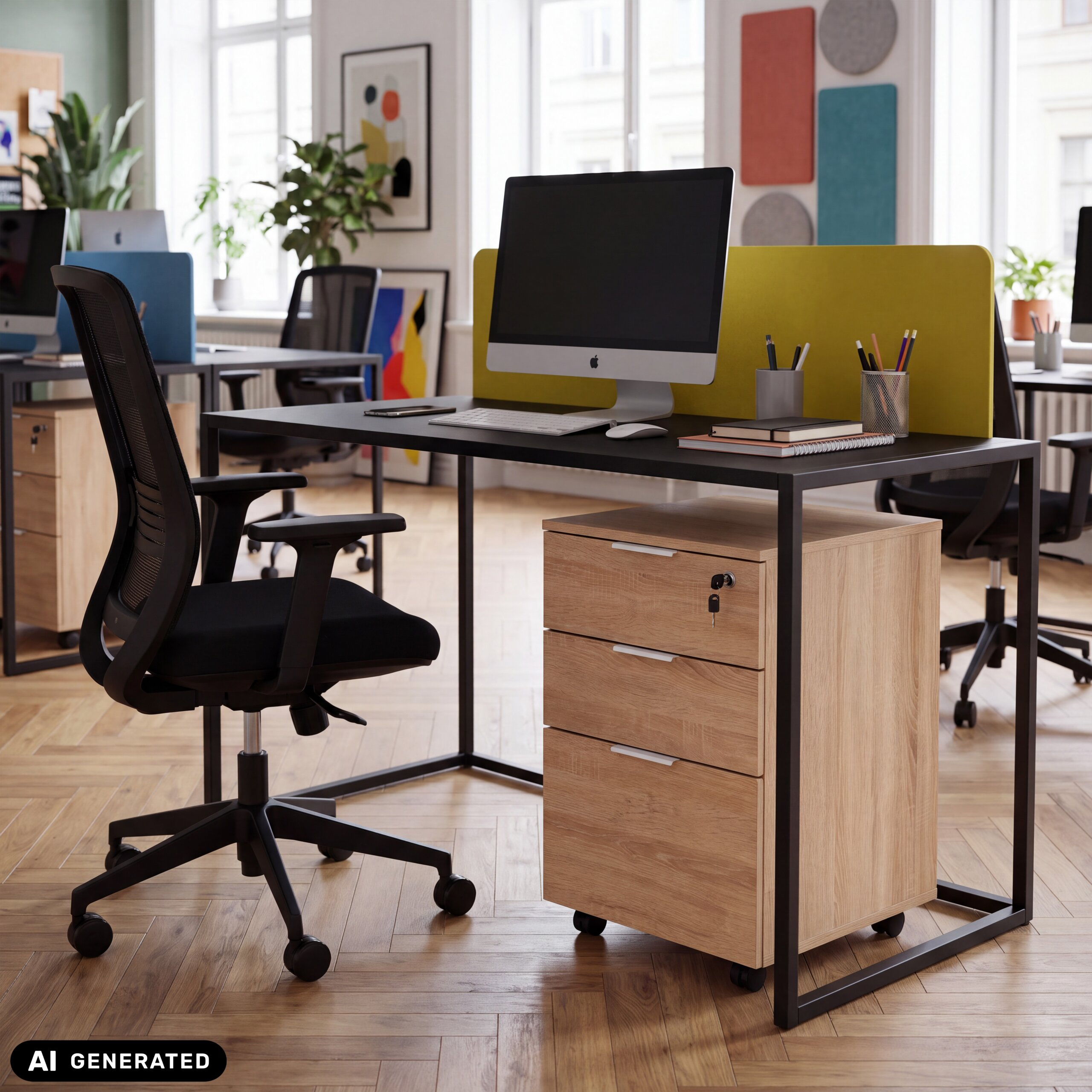 Ein moderner Schreibtisch mit Monitor, schwarzem Stuhl und Holz-Rollcontainer auf Parkettboden.