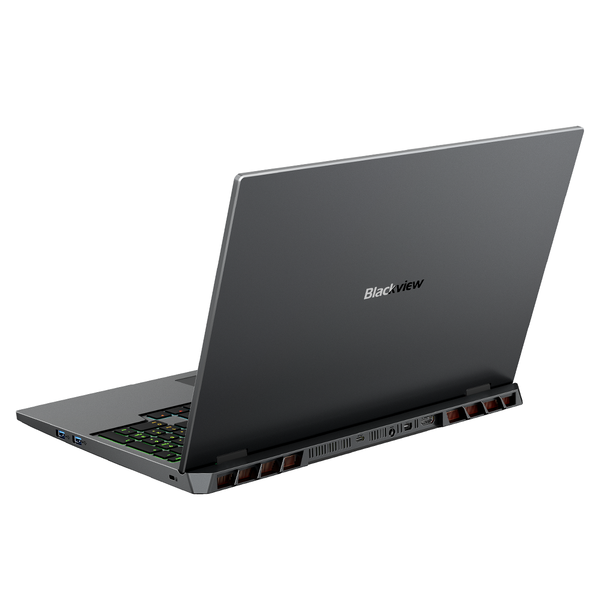 Szary laptop Blackview na białym tle, widziany od tyłu, z widocznymi otworami wentylacyjnymi.