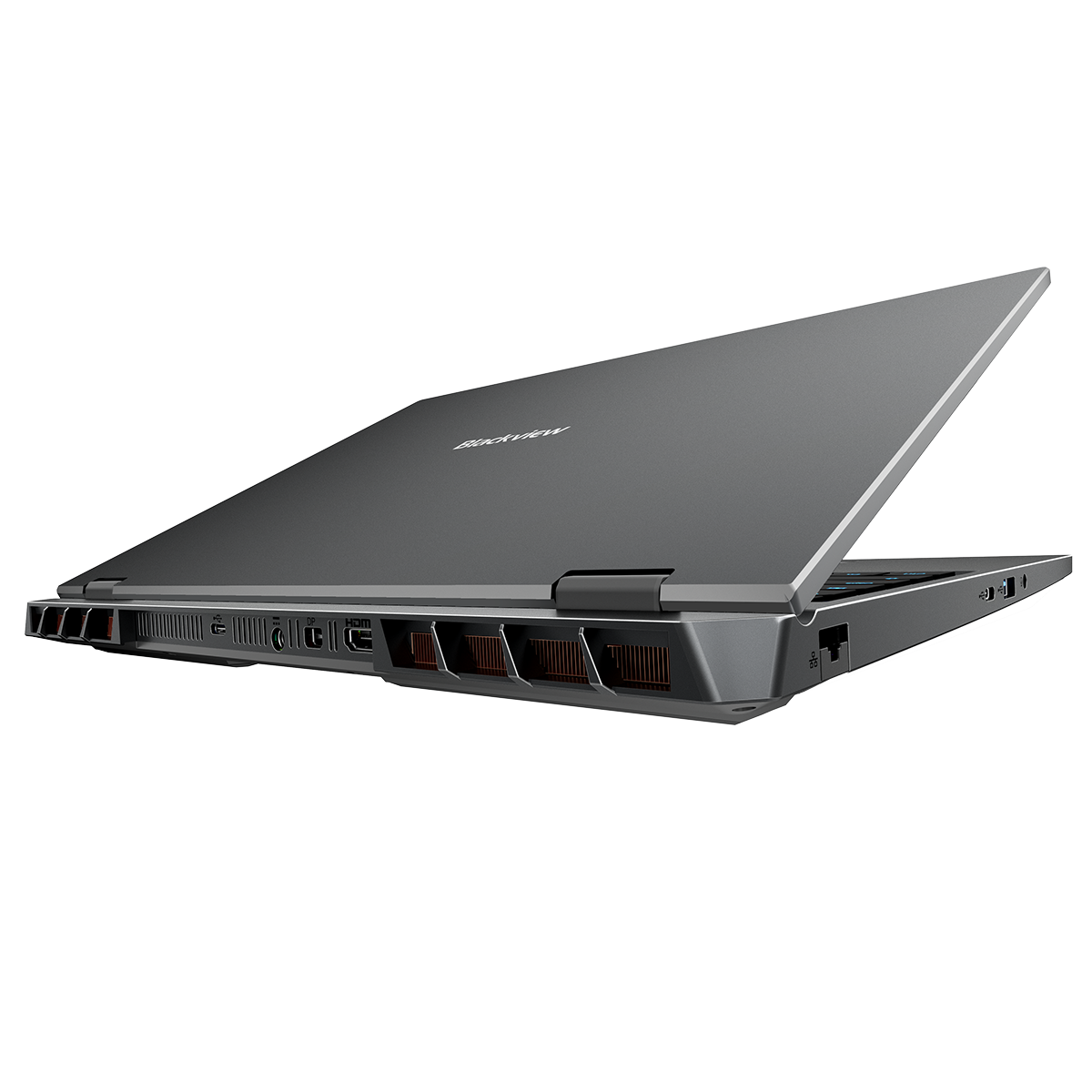 Szary laptop z logo Blackview pokazuje tył z otworami wentylacyjnymi i portami.