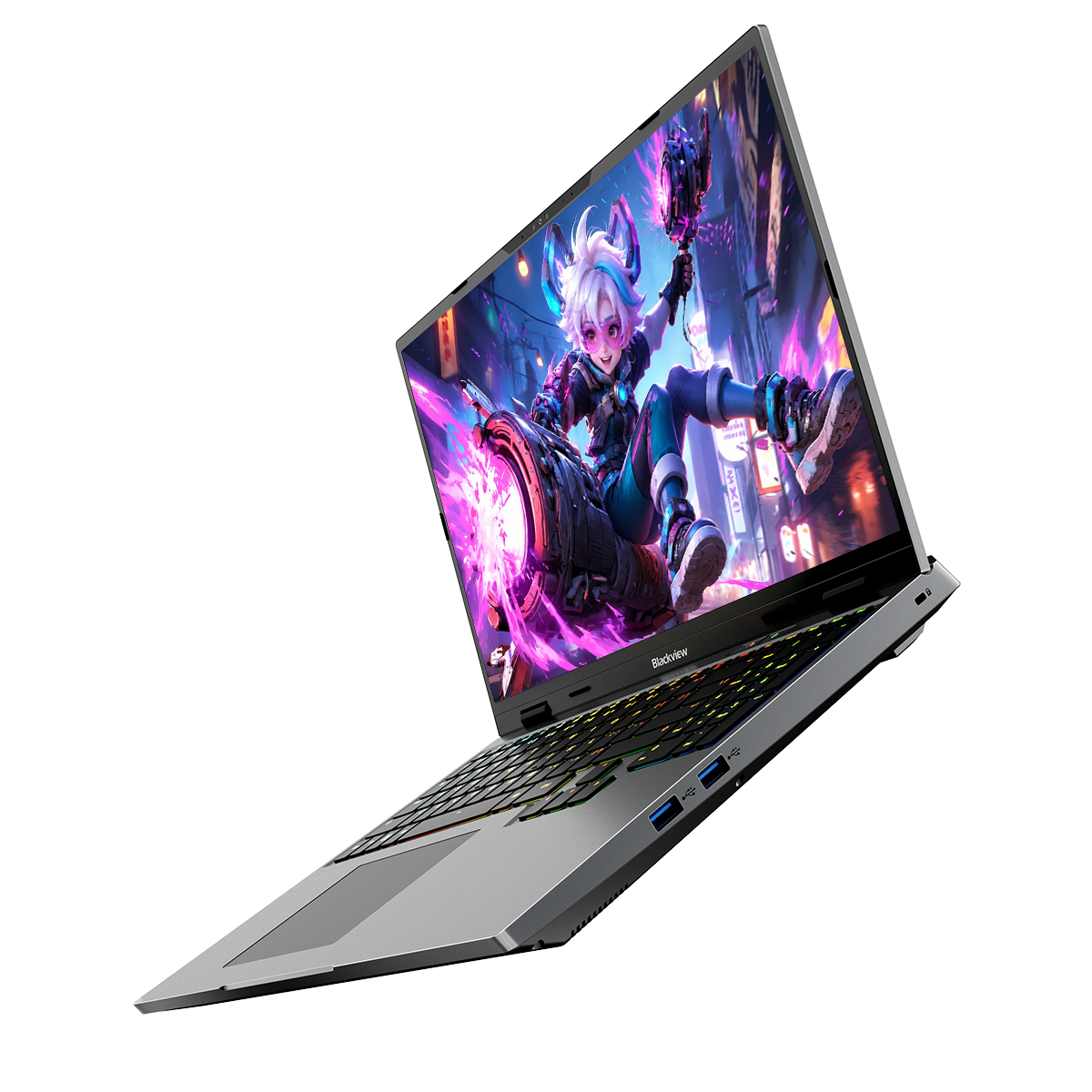 Szary laptop z podświetlaną klawiaturą wyświetla kolorową tapetę z anime.