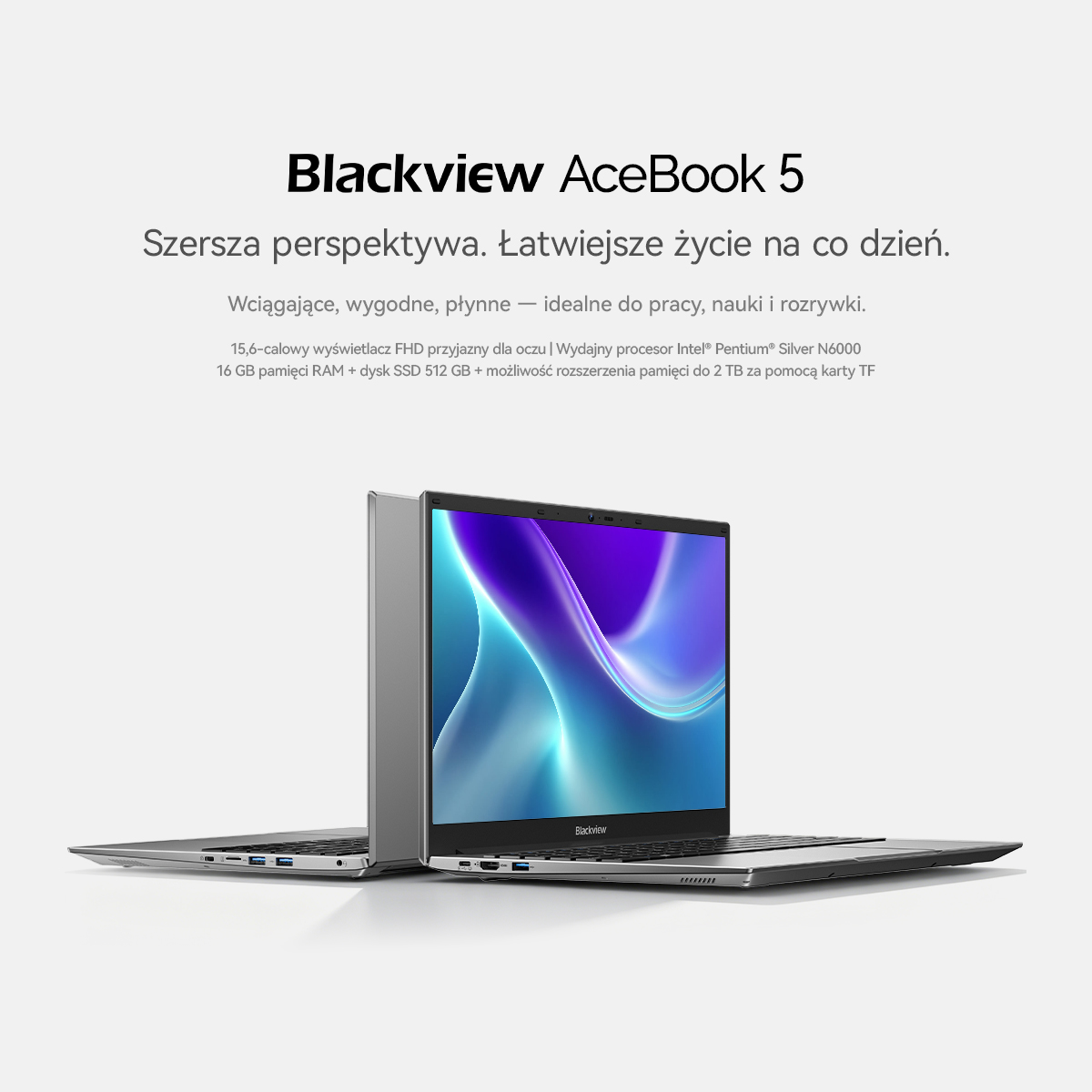 Obraz promocyjny laptopa Blackview AceBook 5 z grafiką niebieskiej fali na ekranie i polskim tekstem.