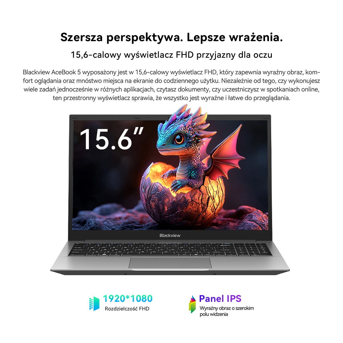 Laptop Blackview wyświetla na ekranie smoka 3D, z tekstem i specyfikacją poniżej.