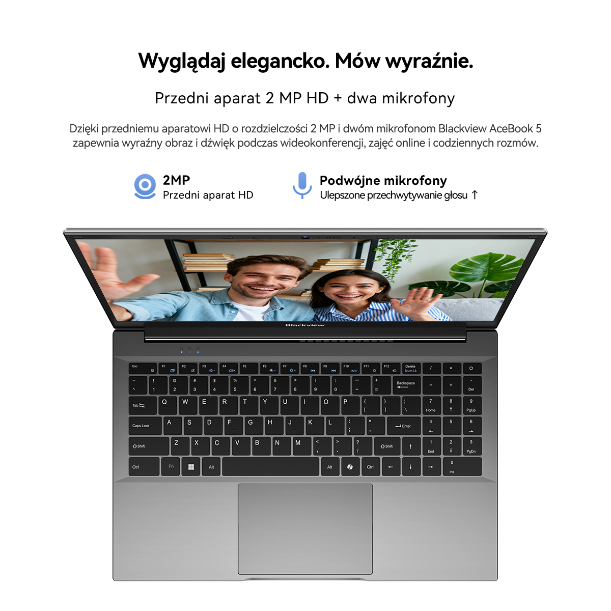 Laptop z przednią kamerą i mikrofonami do wideorozmów.
