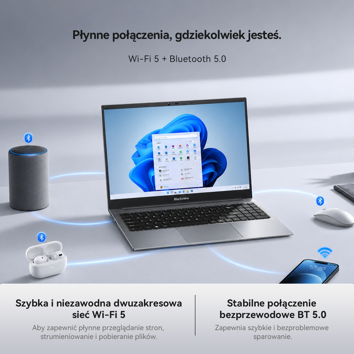 Laptop na biurku połączony z głośnikiem, słuchawkami, myszą i telefonem przez Wi-Fi 5 i Bluetooth 5.0.