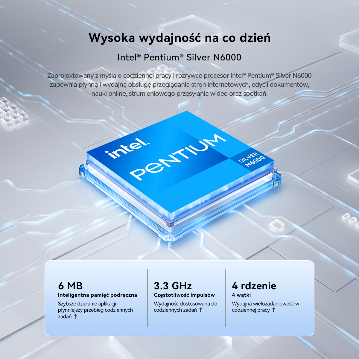 Procesor Intel Pentium Silver N6000 na niebieskiej, świecącej płycie głównej ze specyfikacją techniczną.