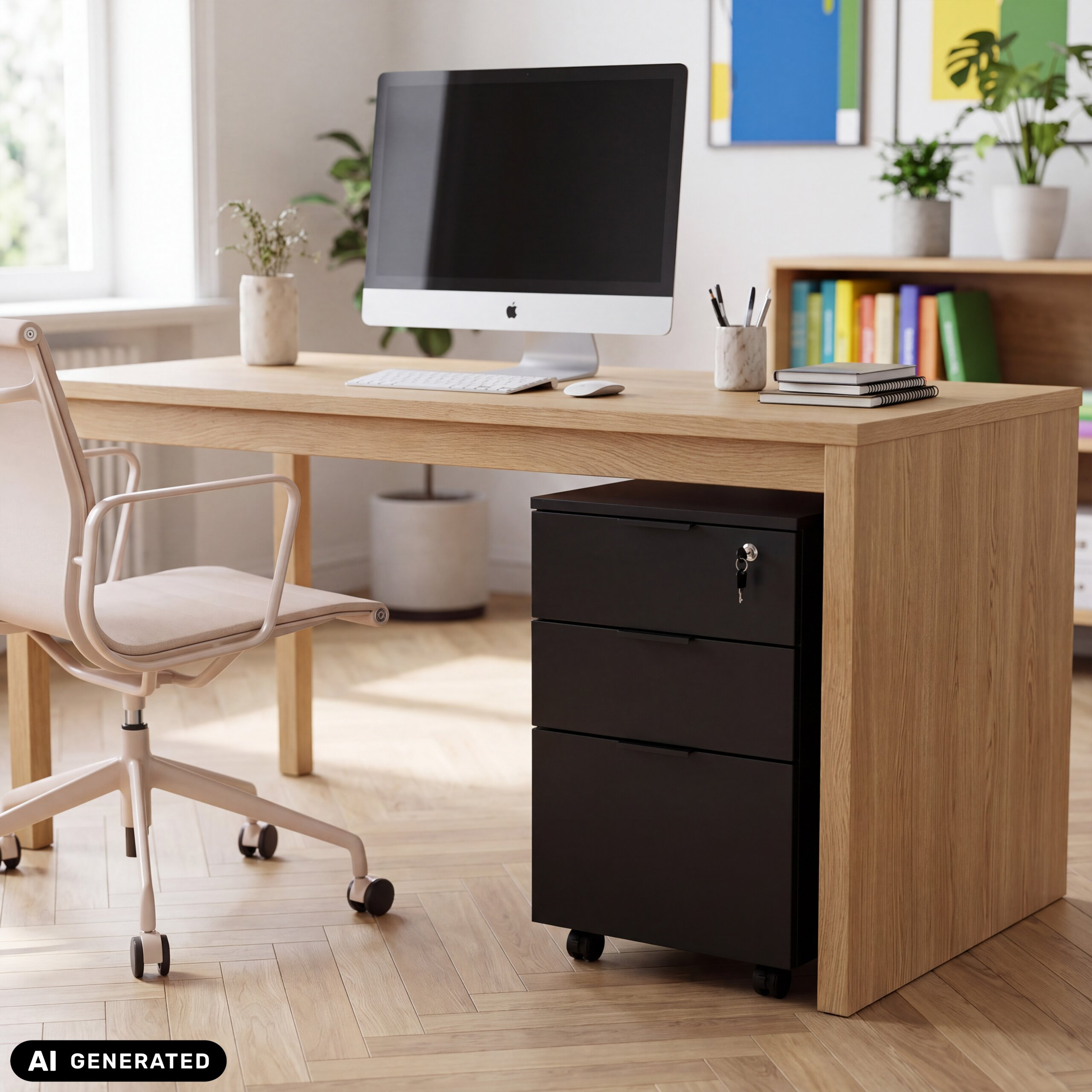 Ein heller Holztisch mit PC, Stuhl und einem schwarzen Rollcontainer im Büro.