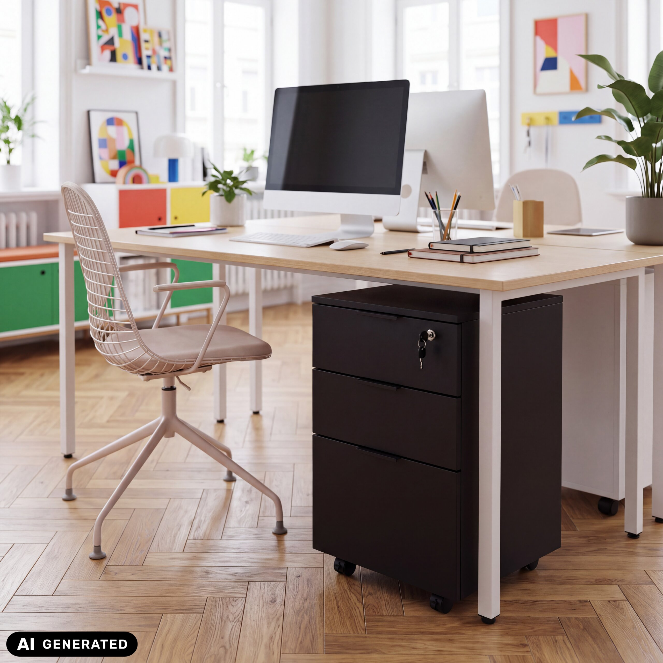 Helles modernes Büro mit Holztisch, schwarzem Rollcontainer, rosa Drahtstuhl und Monitoren.