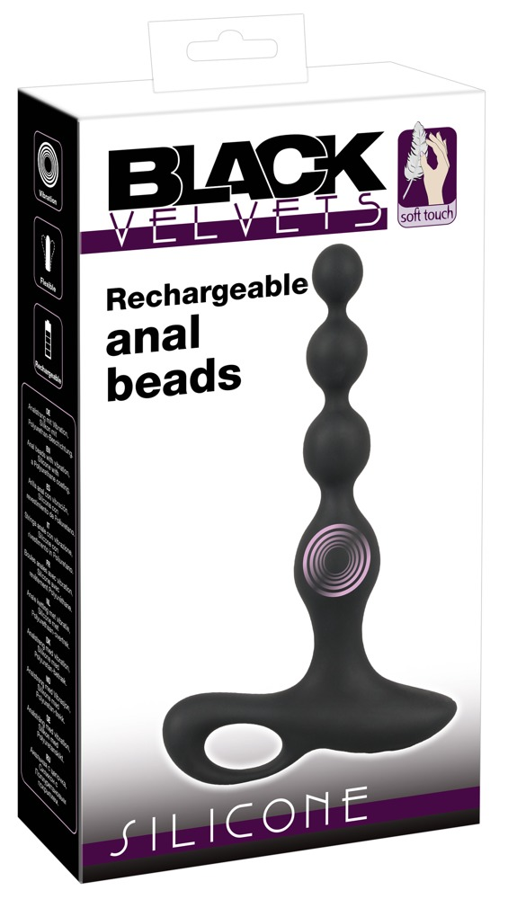 Produktverpackung von Black Velvets wiederaufladbaren analen Perlen, die das schwarze Massagegerät zeigt.