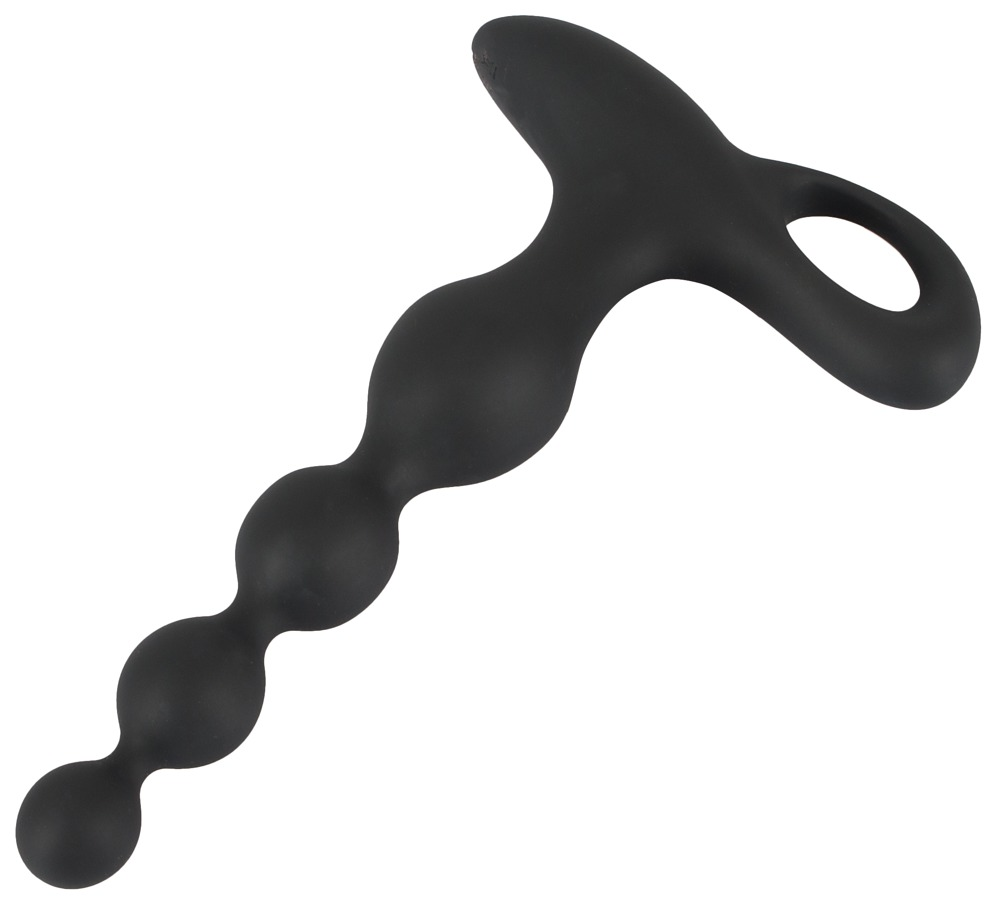 Schwarzes Silikon-Sexspielzeug mit vier Perlen und einem T-förmigen Griff gegen einen weißen Hintergrund.