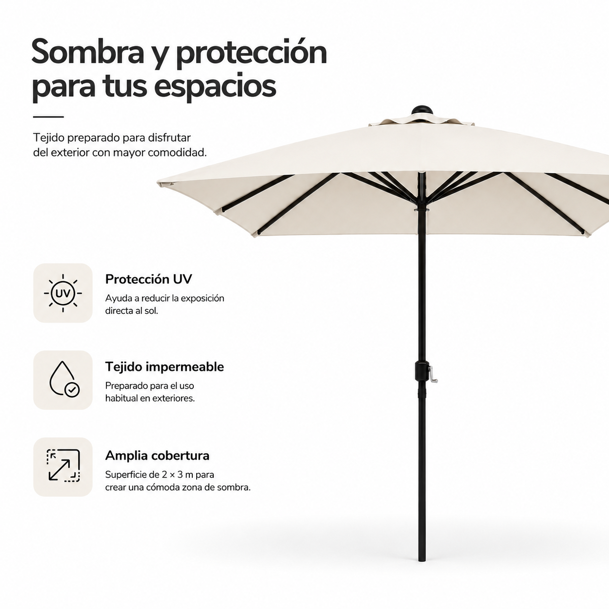Sombrilla beige con poste negro y texto en español que destaca protección UV, impermeabilidad y amplia cobertura.