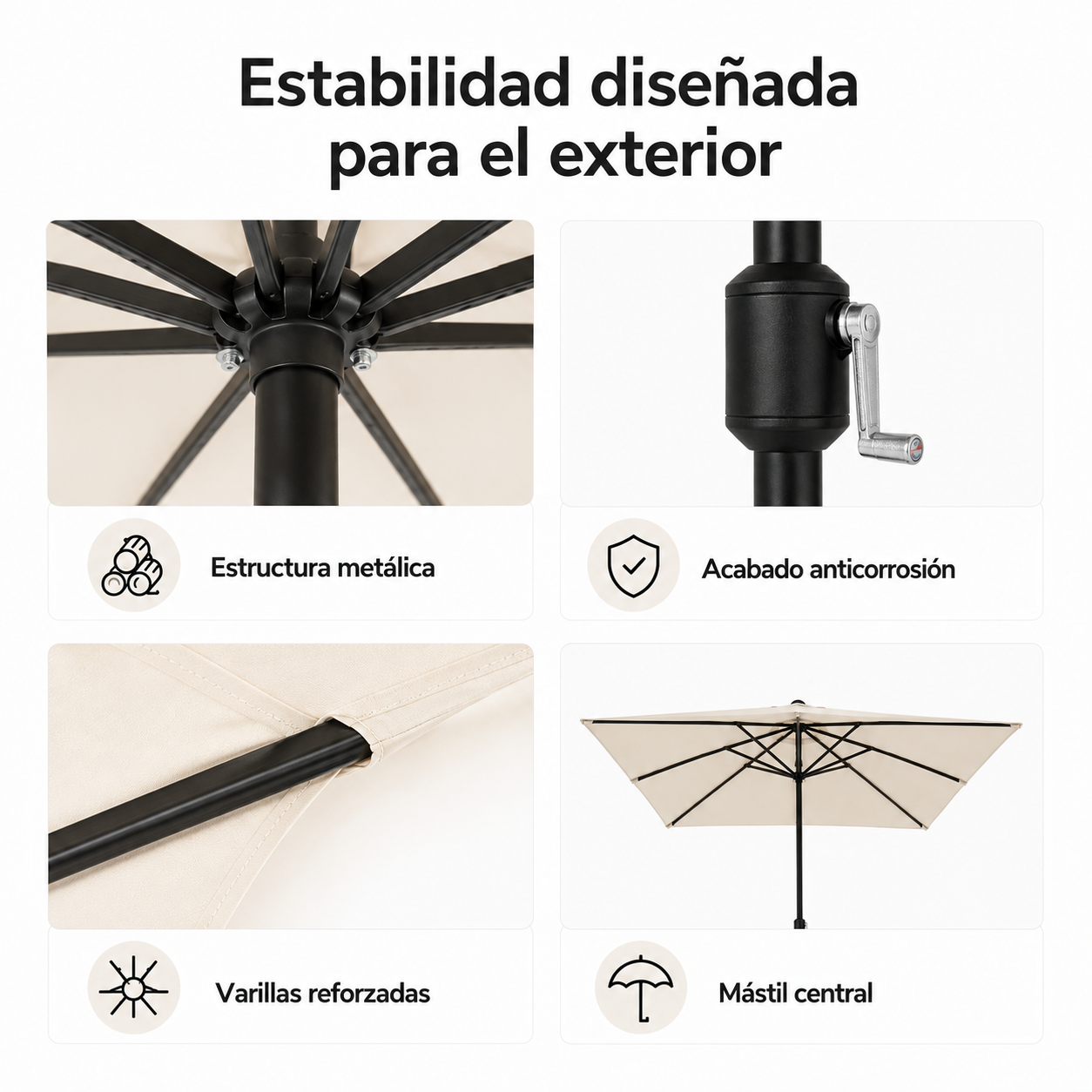 Cuatro imágenes muestran detalles de una sombrilla resistente con estructura metálica.