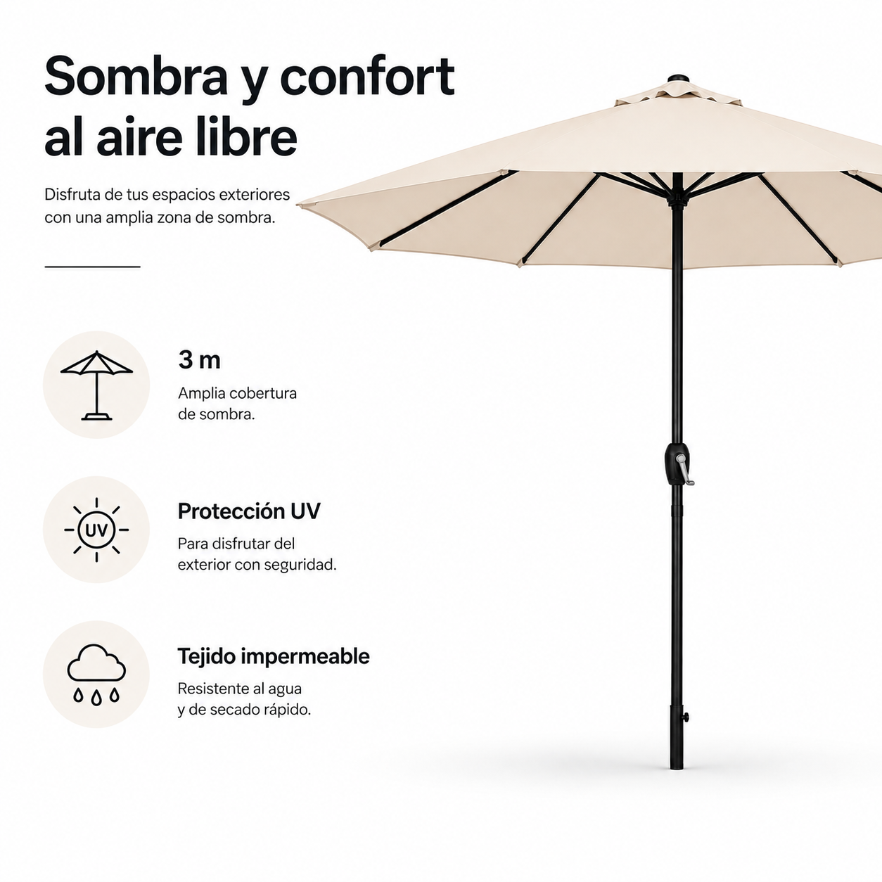 Sombrilla beige con estructura negra y tres iconos de características a la izquierda.