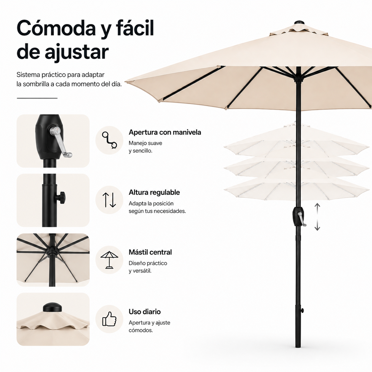 Sombrilla de patio beige con manivela y altura ajustable, con recuadros de detalles de características y texto en español.