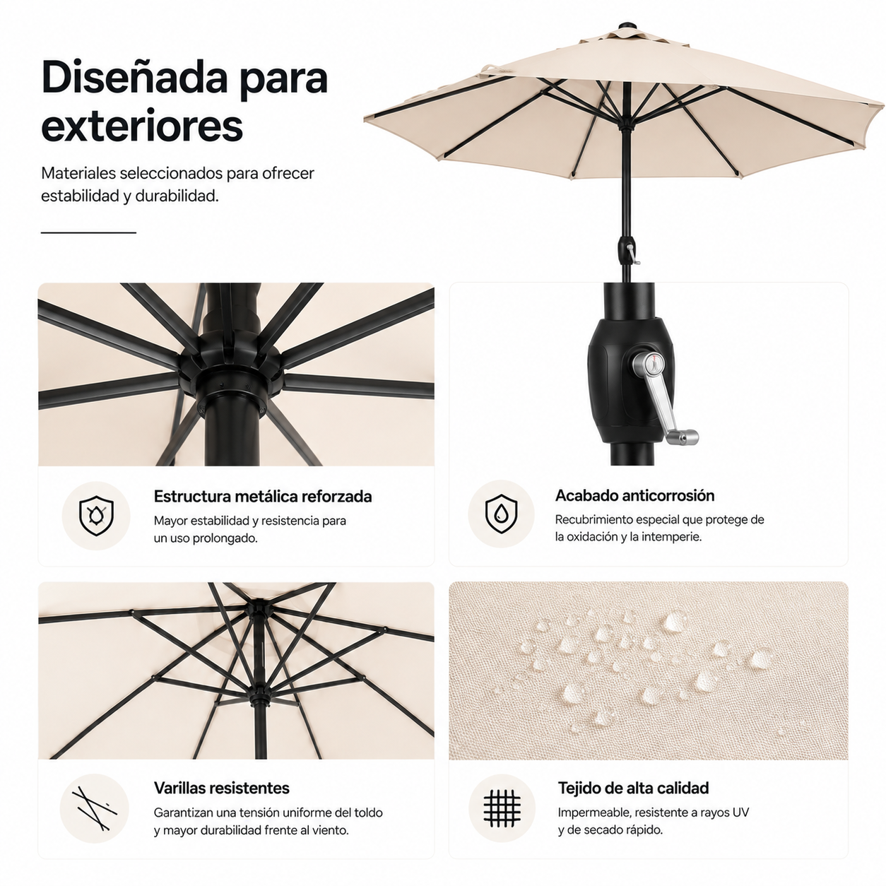 Sombrilla de patio exterior beige con marco metálico reforzado, acabado anticorrosión y tela impermeable.